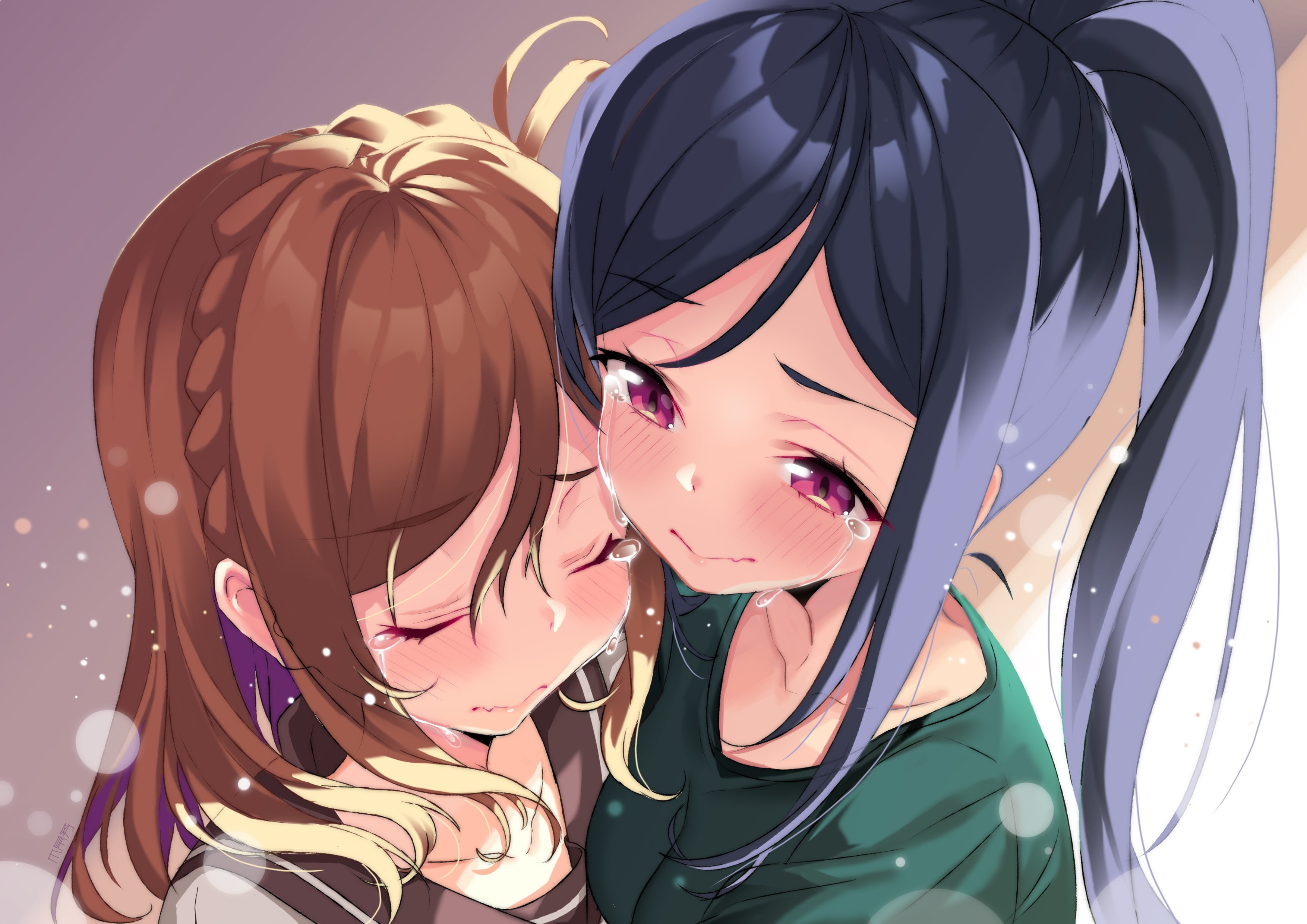 Matsuura Kanan, Kunikida Hanamaru, violet eyes, crying, blue hair, school uniform, tears, Love Live! Sunshine, 2K, HD Wallpaper