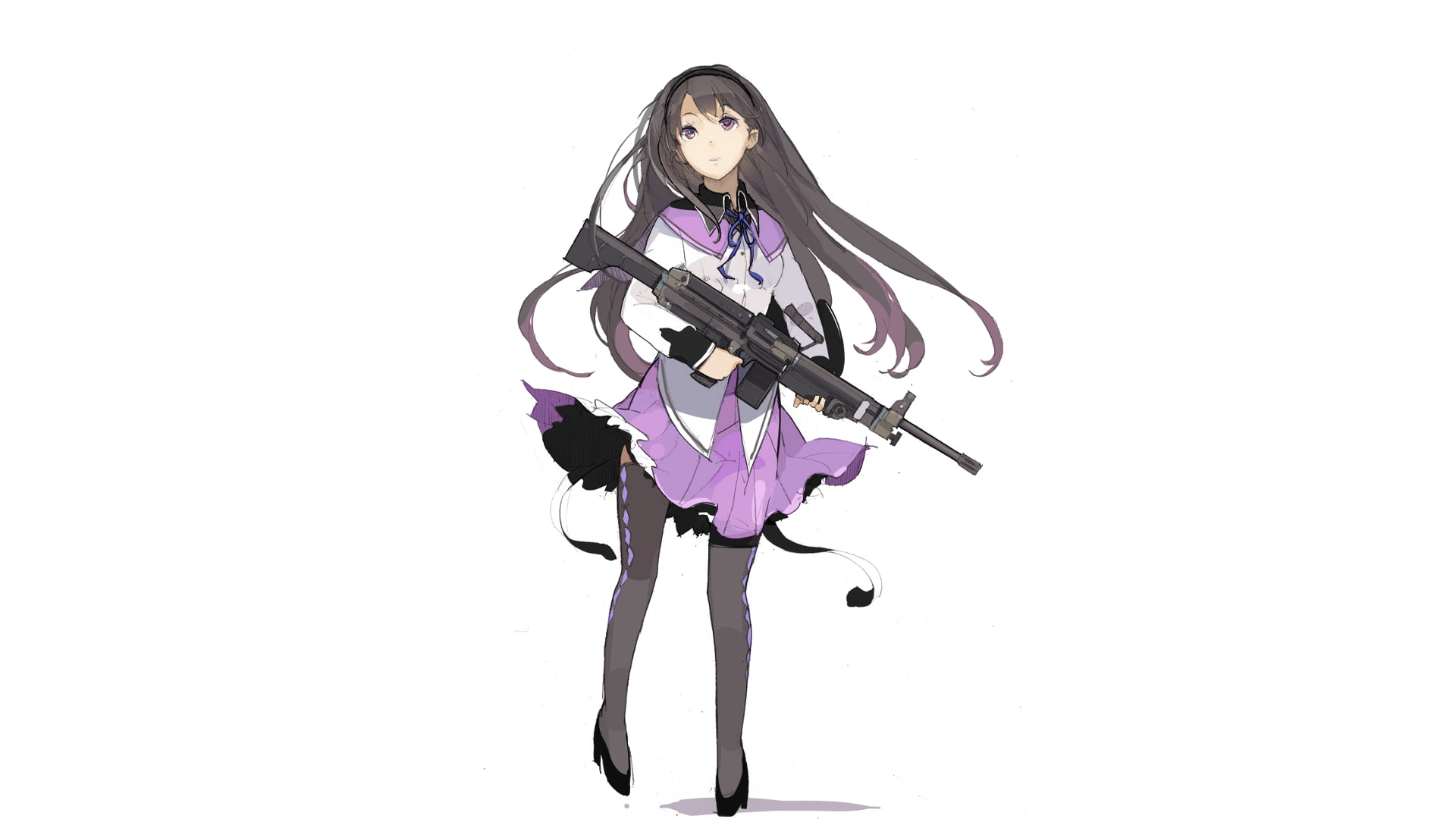 1080P, violet eyes, machine gun, black hair, Akemi Homura, Mahou Shoujo Madoka Magica, anime, HD Wallpaper