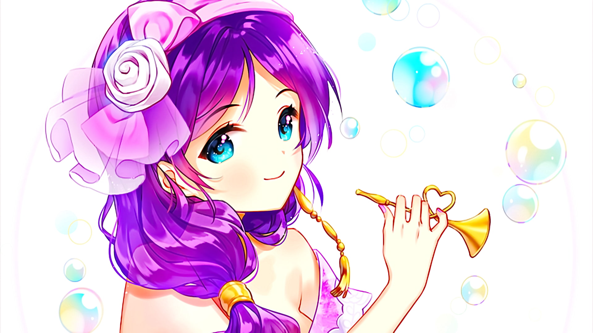 anime girls, 1080P, smiling, looking at viewer, white background, violet hair, blue eyes, long hair, anime, HD Wallpaper