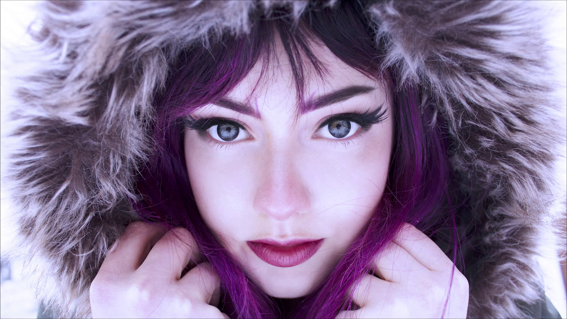 women, blue eyes, violet hair, Veela, women outdoors, singer, makeup, hoods, lipstick, 1080P, face, HD Wallpaper