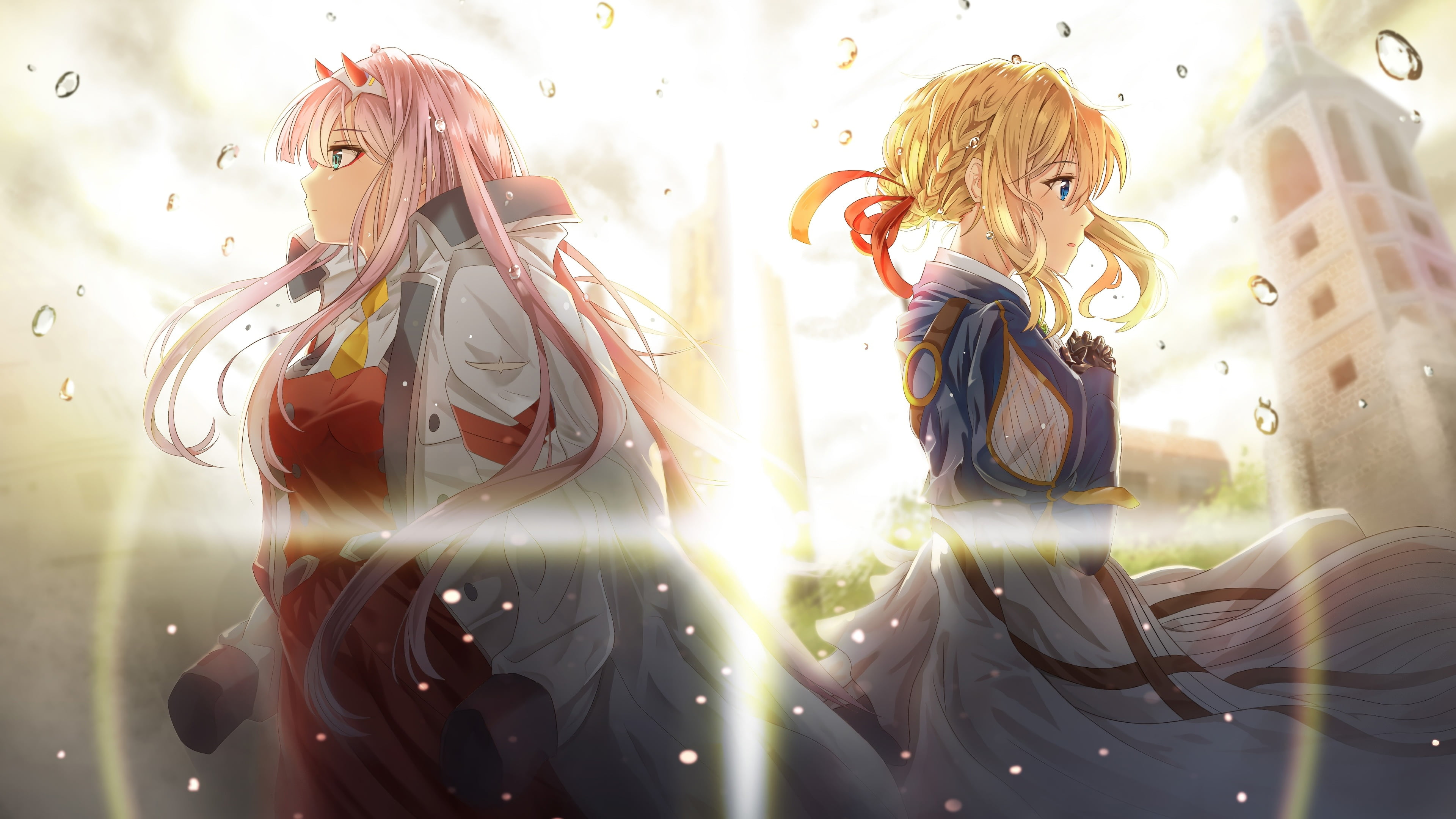 Zero Two (Darling in the FranXX), Violet Evergarden (Anime), Pink Hair, Violet Evergarden (Character), Darling in the FranXX, 4K, Anime, Blonde, Crossover, HD Wallpaper