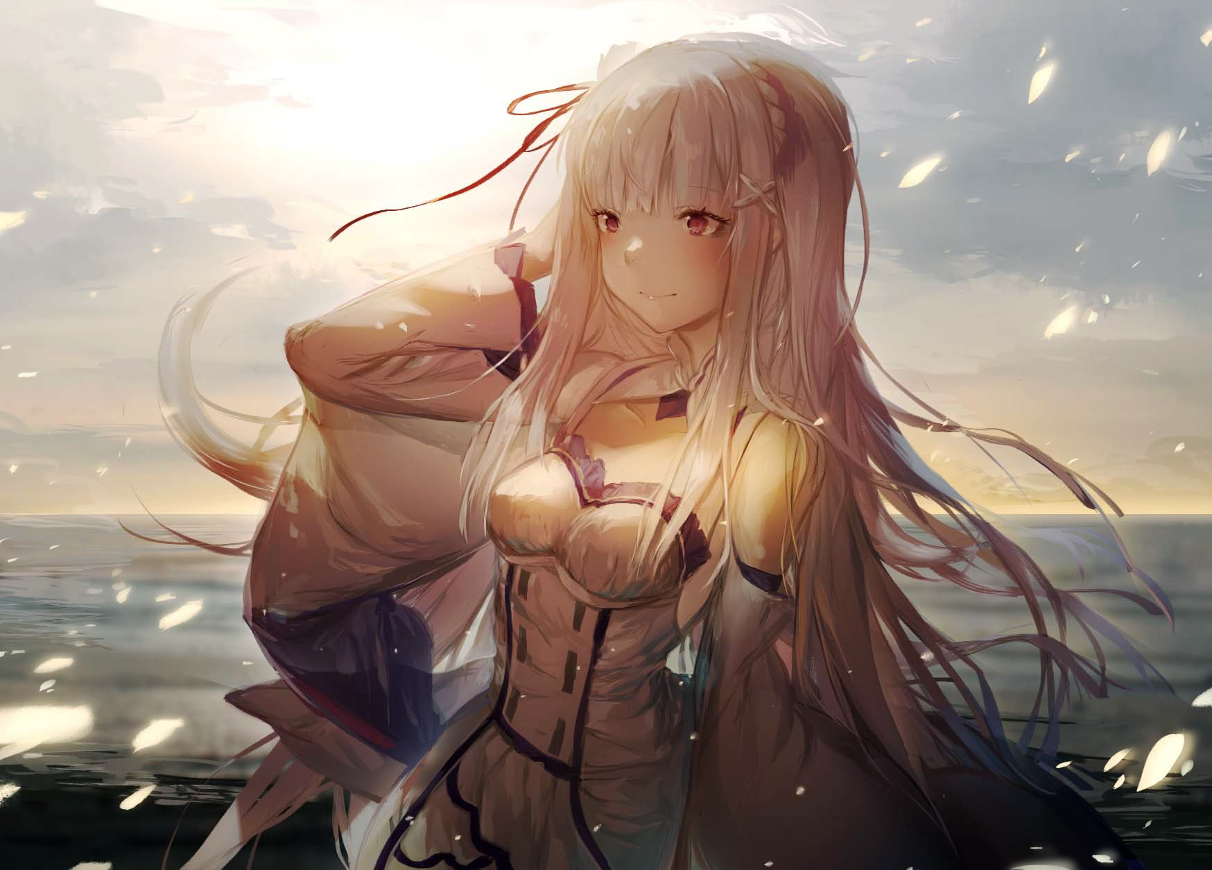 gray hair, violet eyes, cleavage, Emilia (Re: Zero), anime, long hair, sea, Re:Zero Kara Hajimeru Isekai Seikatsu, 720P, anime girls, red eyes, white hair, HD Wallpaper