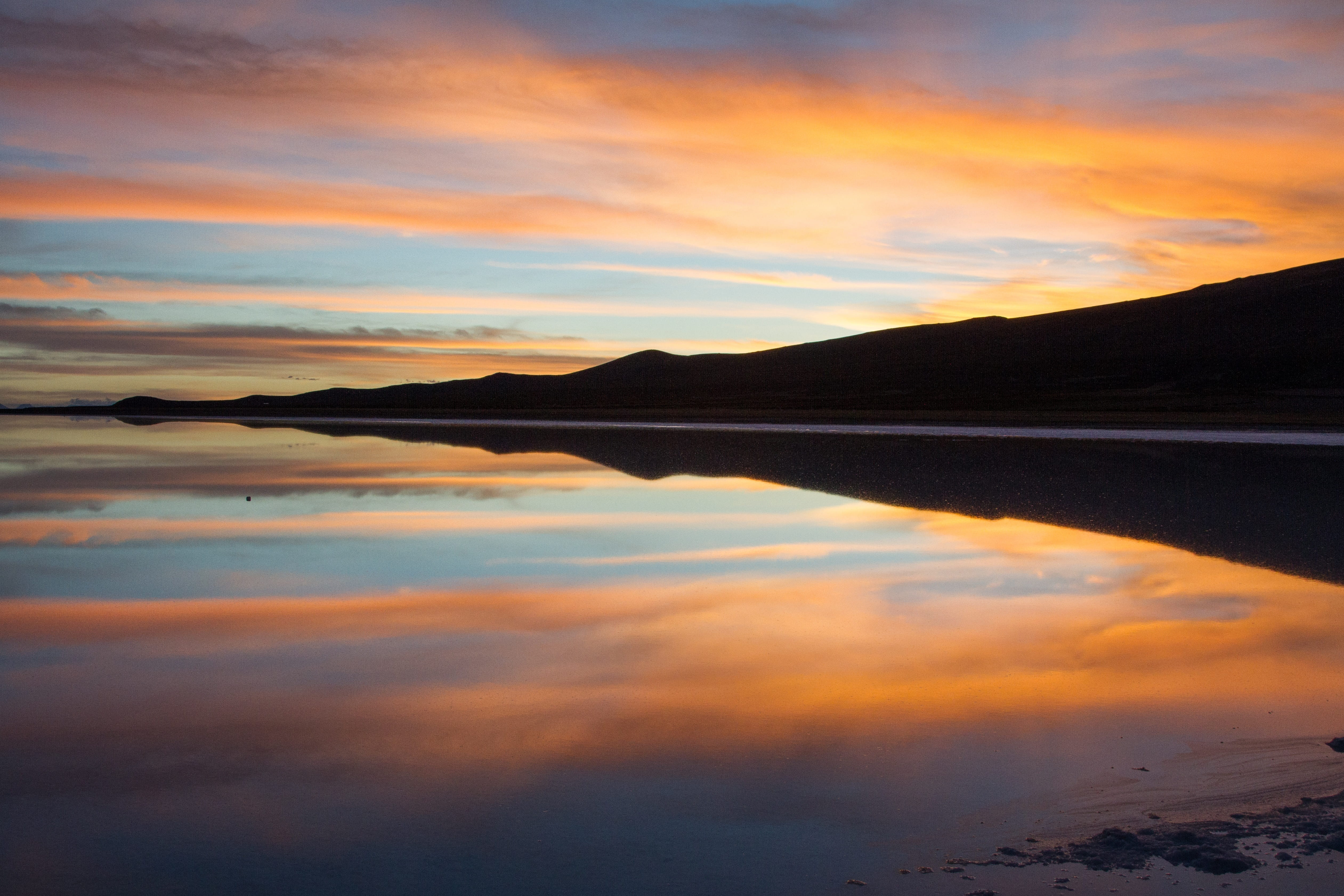 sky, mountain, salt flats, symmetry, non-urban scene, orange color, scenics - nature, cloud - sky, water, reflection, dusk, sunset, reflections, bolivia, HD Wallpaper