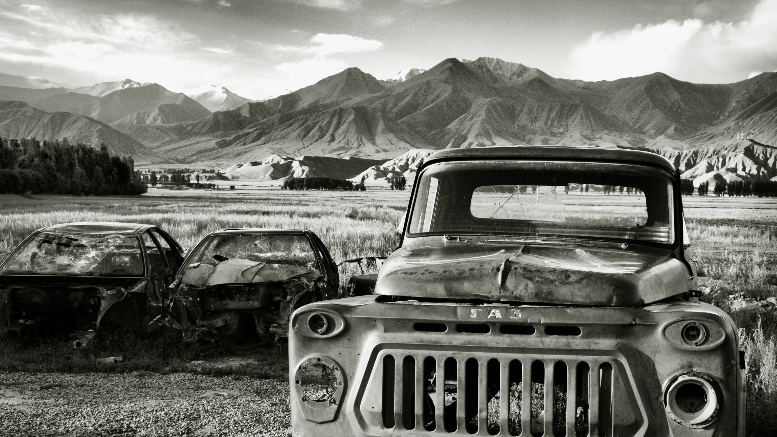 wreck, nature, mode of transportation, car, no people, outdoors, engine, scenics - nature, mountain, mountain range, Truck, gray, black, deterioration, HD Wallpaper