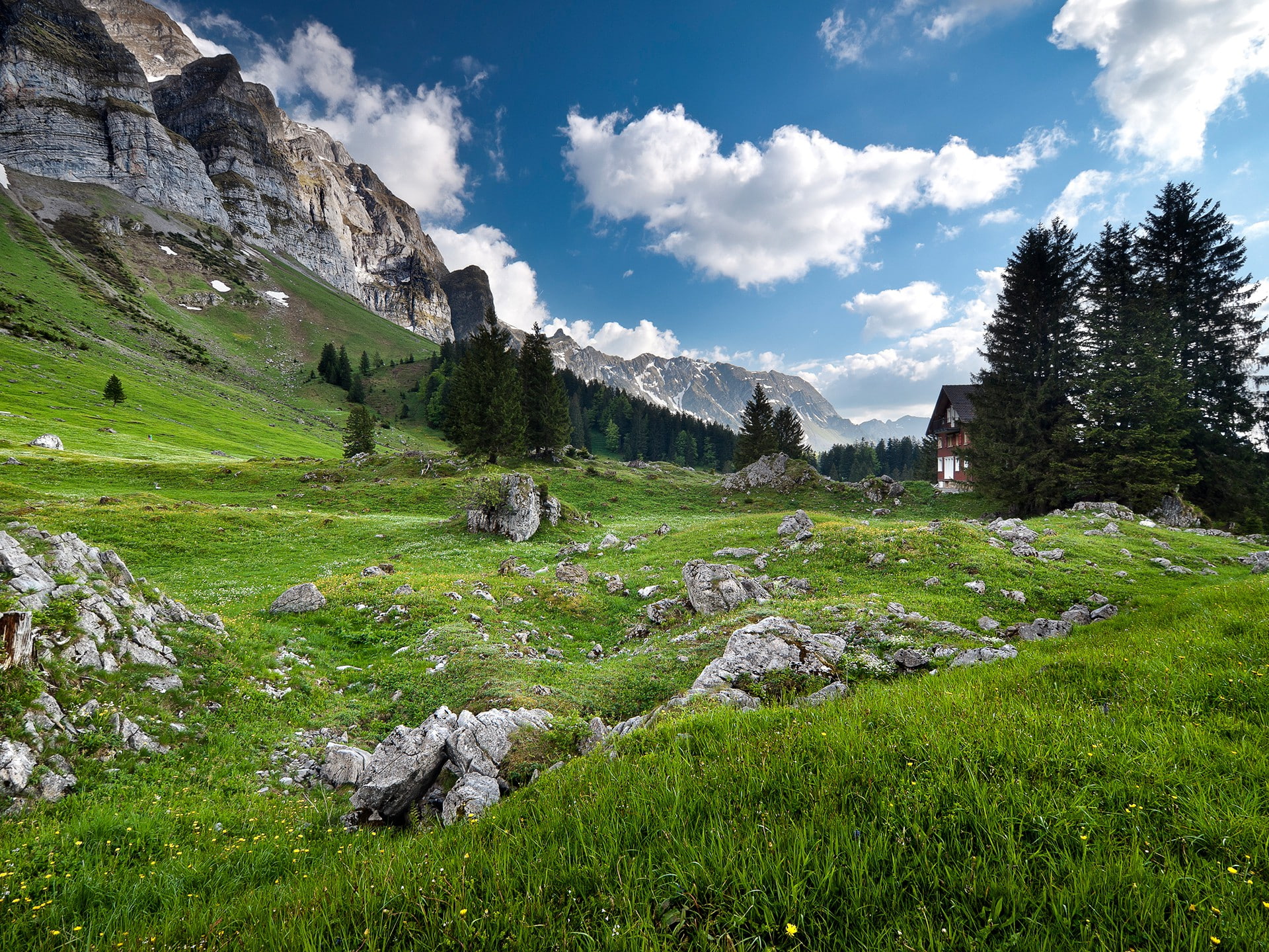 1080P, green, grass, the sky, mountain, rocks, alps, trees, border, the border area, field, gray, house, rocky, area, the Alps, the mountains, beside, HD Wallpaper