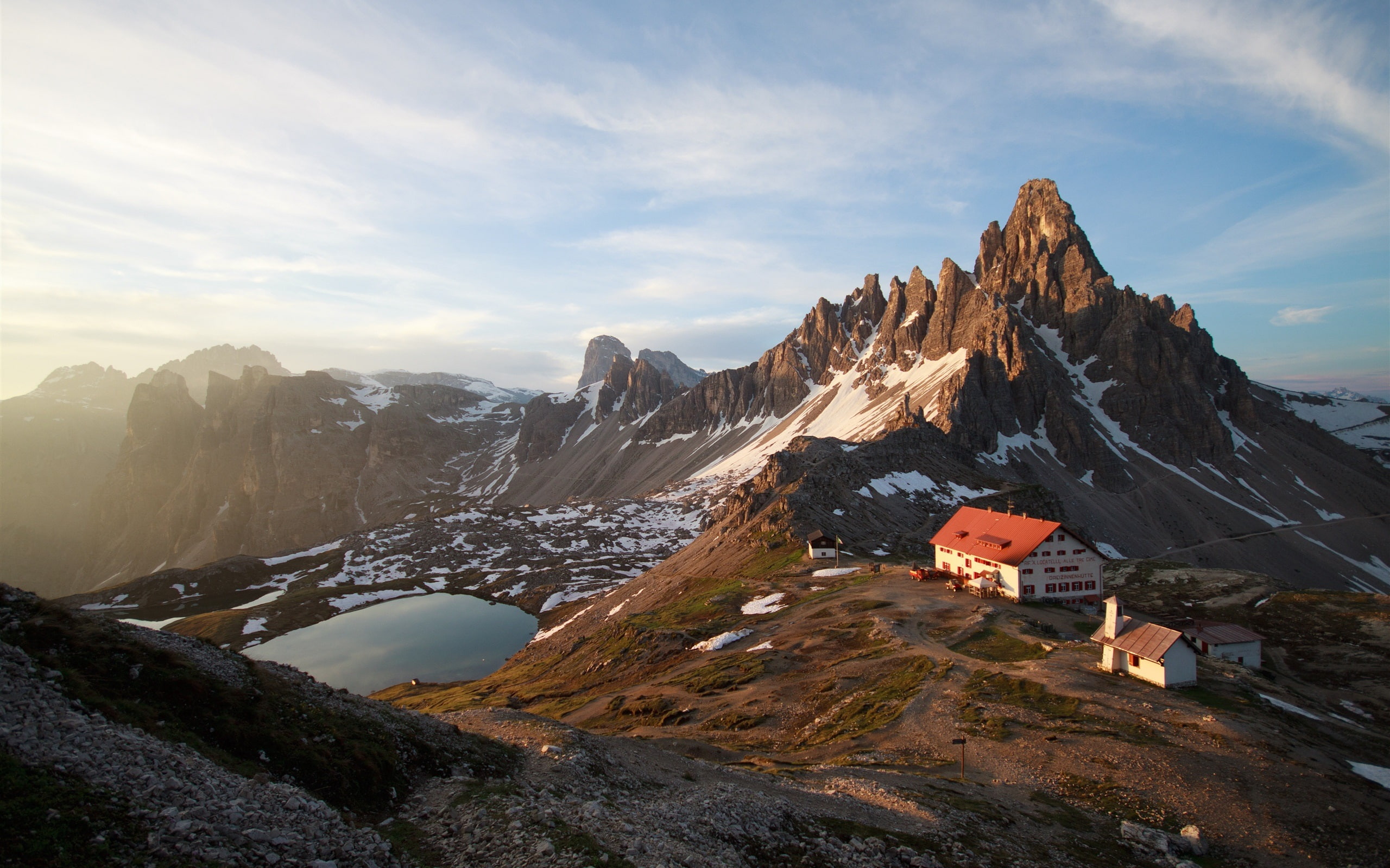 House, Lake, Mountains, Sky, mountain, village, range, Snow, Blue, 2K, High, HD Wallpaper