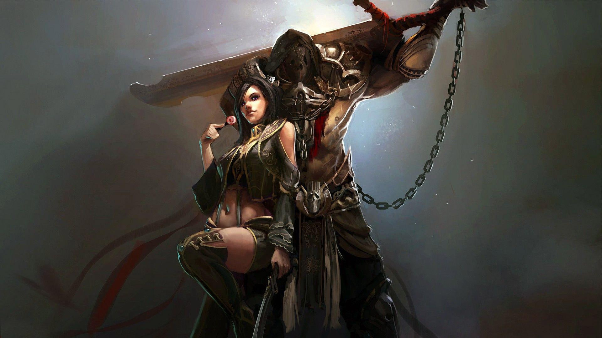 chain, anime, warrior, character, sword, 1080P, girl, fantasy, 1920x1080, woman, next, man, prisoner, HD Wallpaper