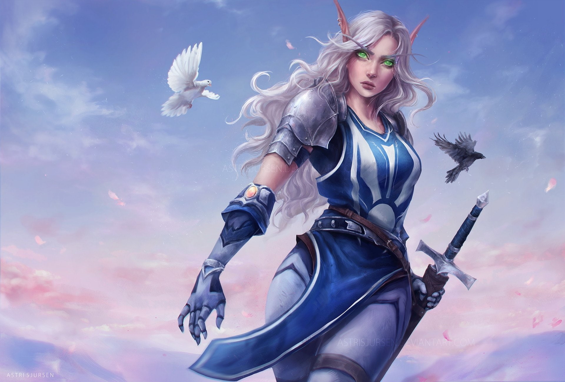 outdoors, Dove, sky, young adult, Long Hair, wind, beautiful woman, cloud - sky, Sword, front view, 1080P, Green Eyes, Women Warrior, White Hair, adult, HD Wallpaper