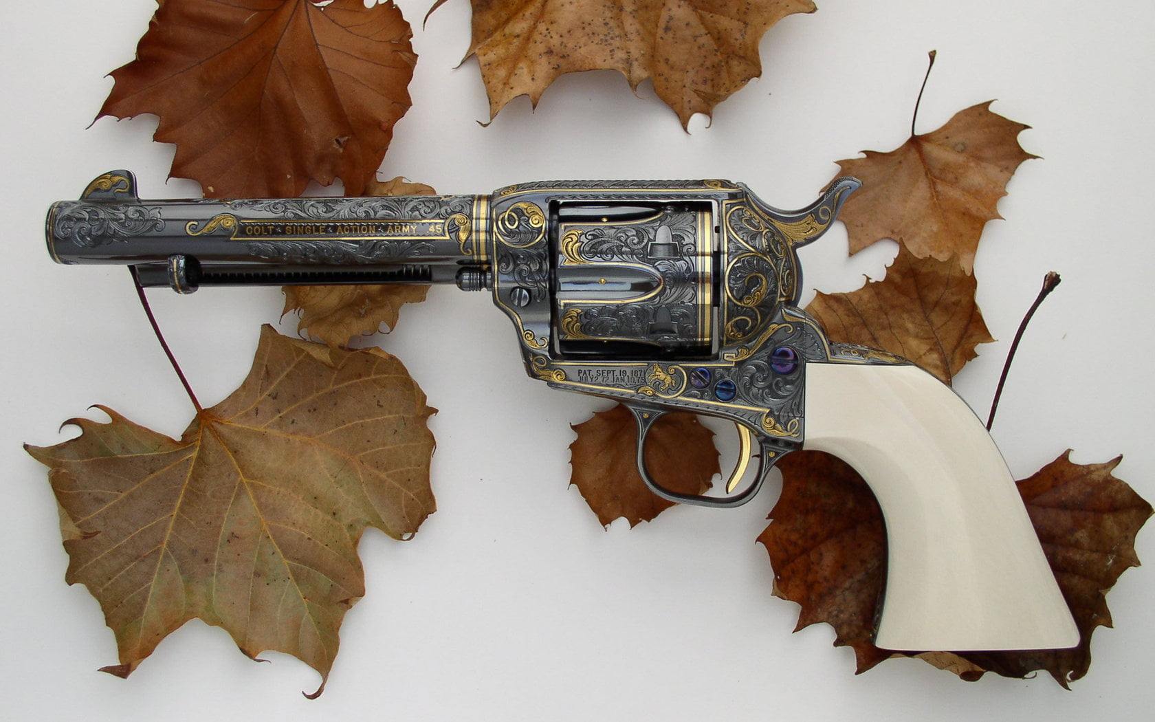 still life, indoors, war, security, cca, award, white, 720P, leaves, no people, gray, nature, autumn, revolver, War and Army, maple leaf, plant part, HD Wallpaper