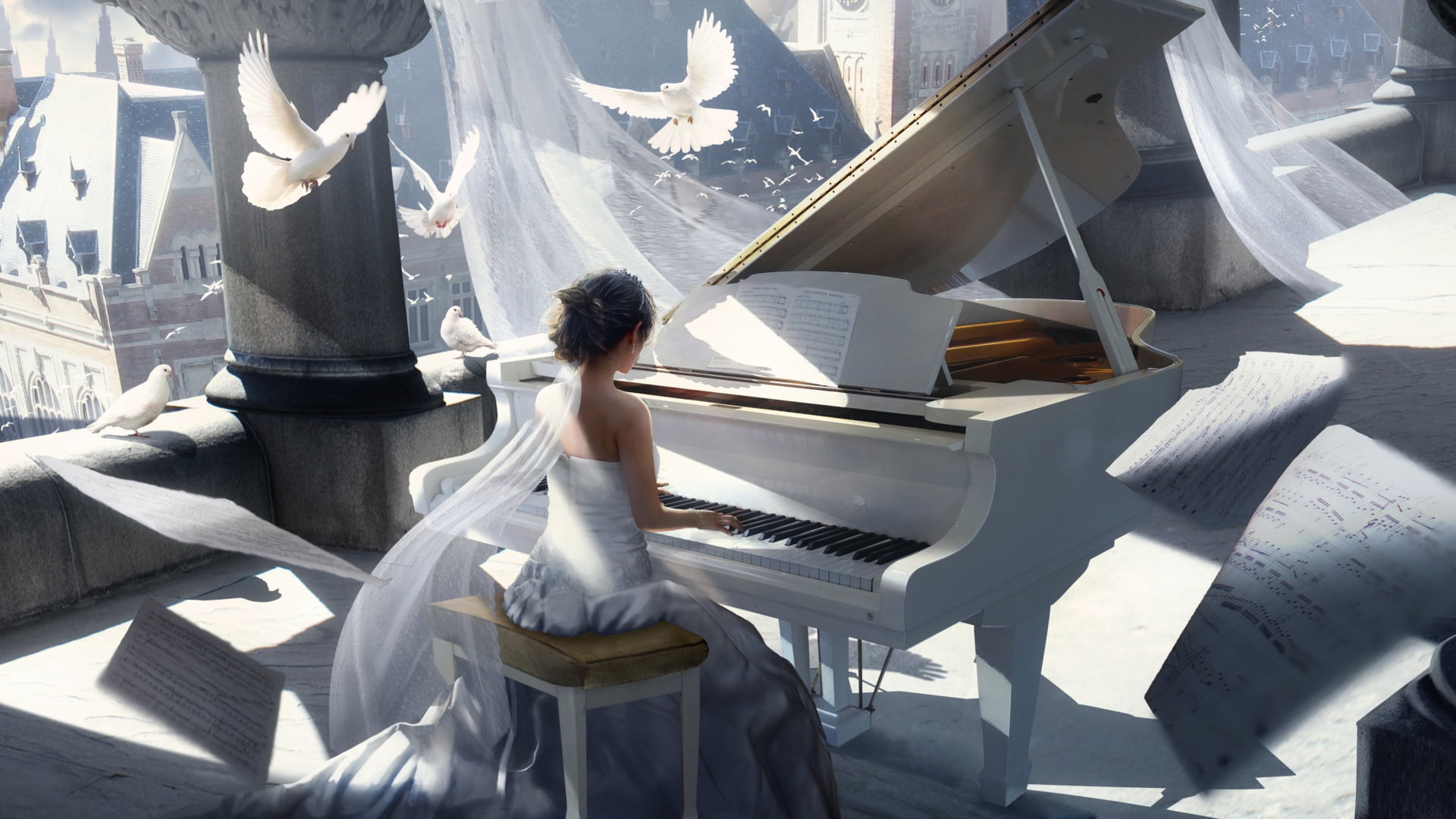 Panji Andrian, white dress, 1080P, artist, fantasy, girl, plan, birds, dress, dove, fantasy art, music, playing, note, column, musical notes, artwork, HD Wallpaper