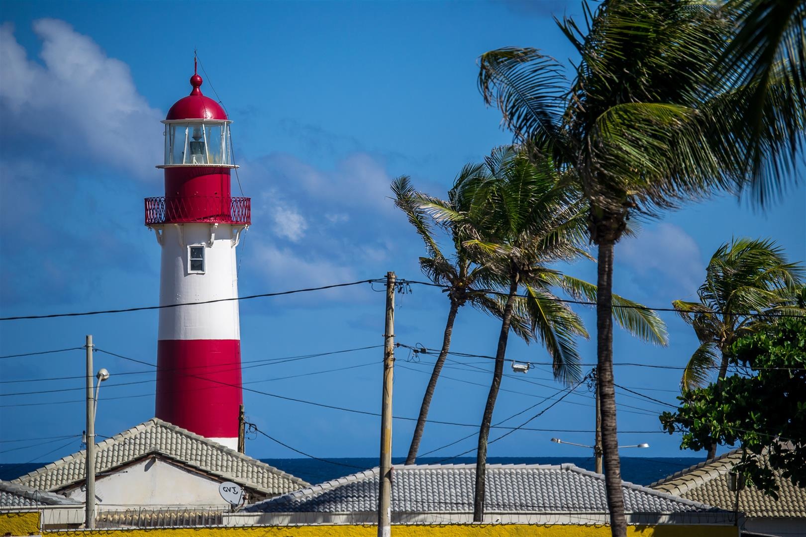 tropical climate, palm tree, salvador, bahia, coast, seaside, ocean, built structure, architecture, brazil, red, beacon, building exterior, landmark, warning, HD Wallpaper