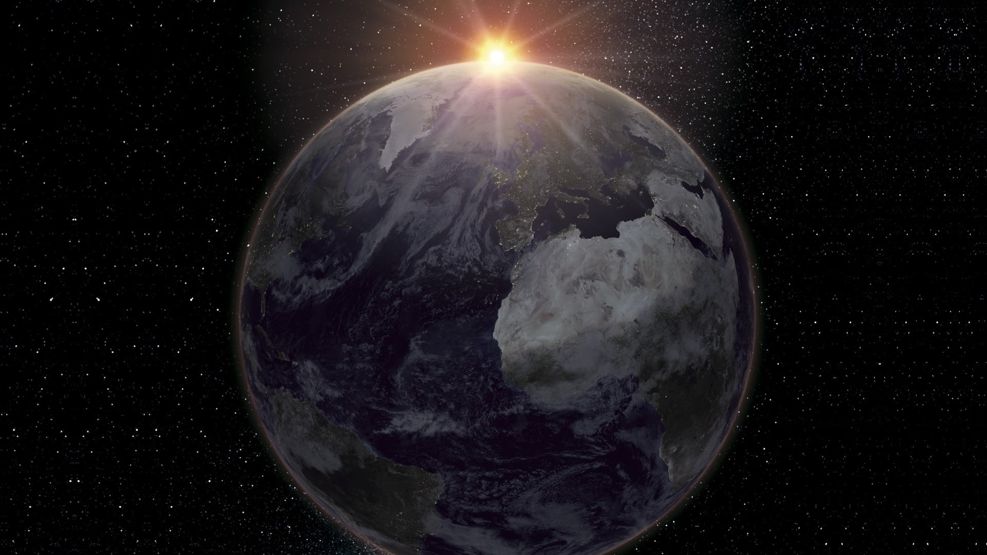 Asia, stars, space, continents, black background, universe, Europe, Africa, North America, sun rays, clouds, planet, South America, Sun, digital art, Earth, HD Wallpaper
