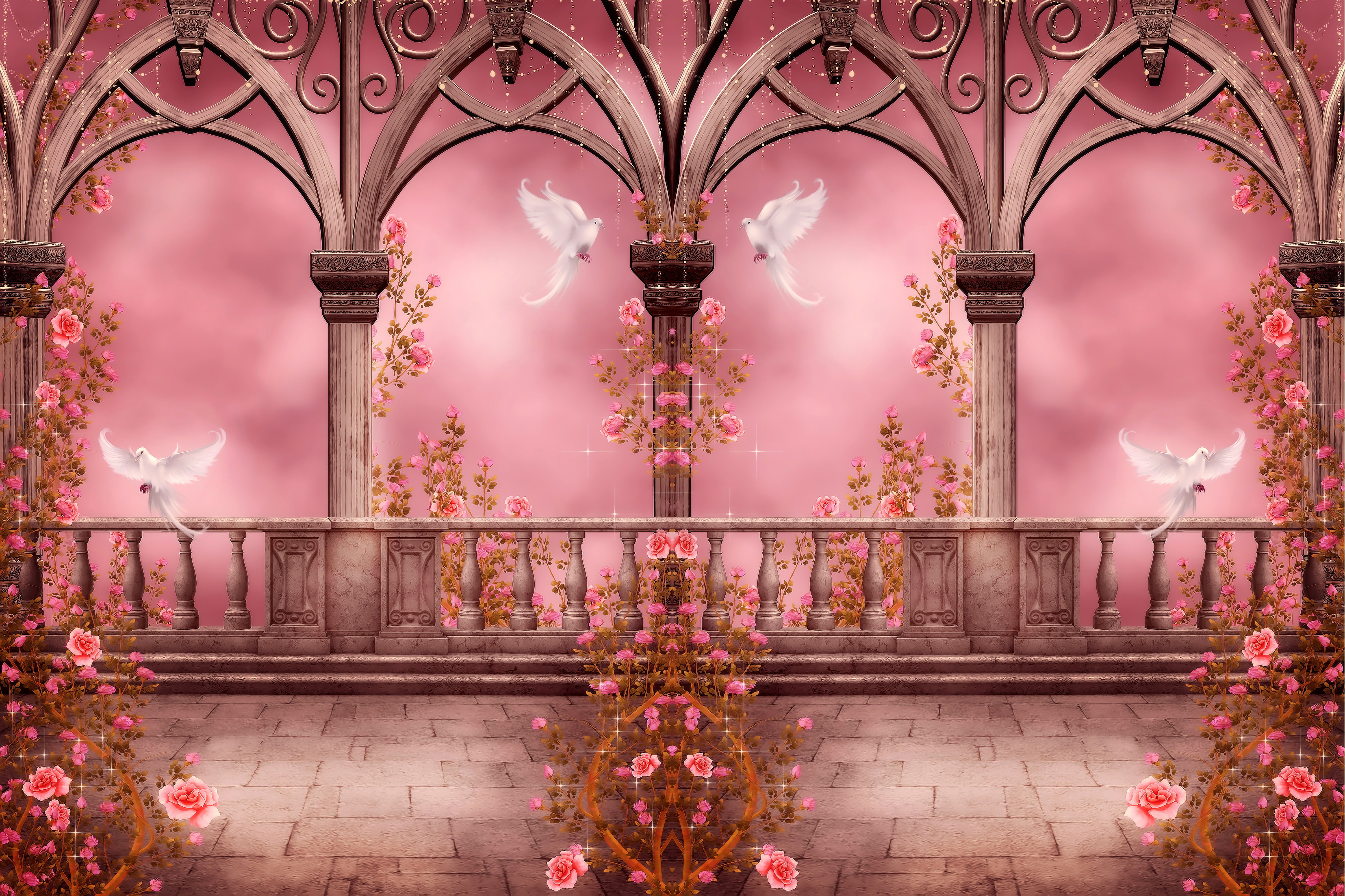 Pink Rose, Pink, Columns, Arch, 5K, Artistic, Rose, Fantasy, Dove, HD Wallpaper