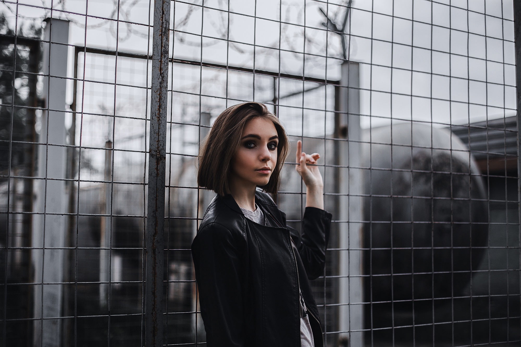 fence, s, zip, portrait, jacket, 1080P, leather, black, cool, women, model, HD Wallpaper