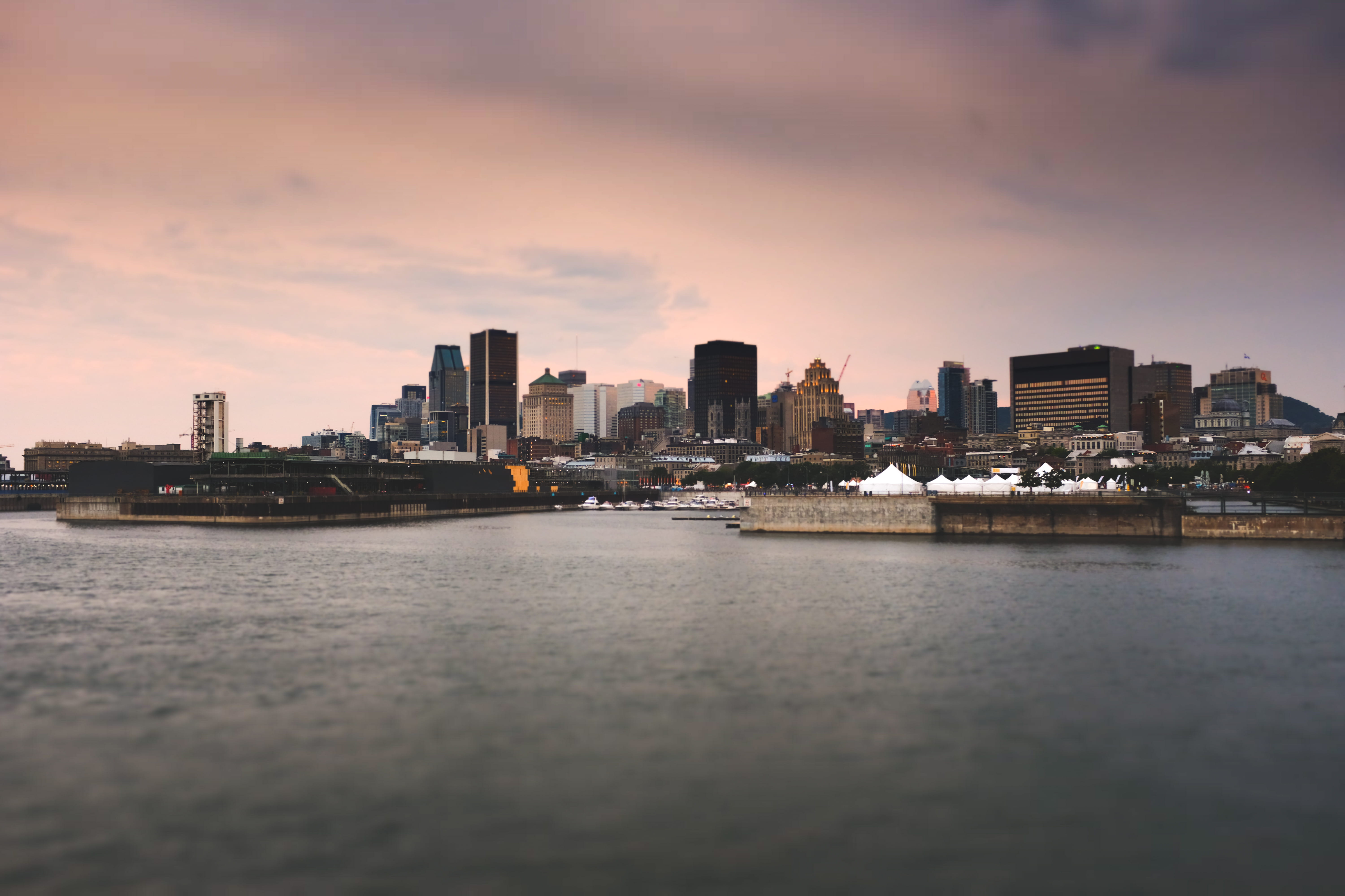 outdoors, architecture, urban skyline, canada, built structure, no people, sunset, city, office building exterior, cité du havre, golden hour, sea, skyscraper, HD Wallpaper