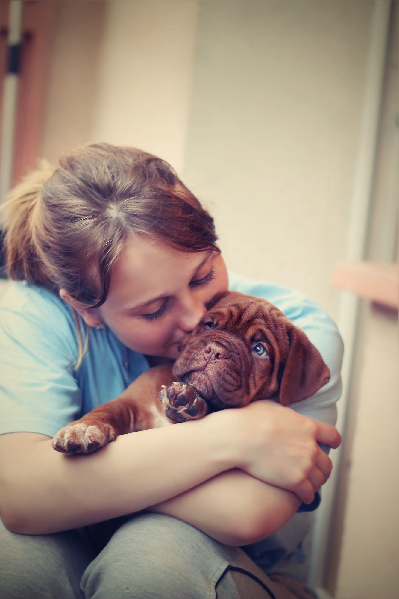 girl, domestic, short, hugging, 1080P, care, canine, dogue de bordeaux, real people, positive emotion, domestic animals, women, romance, one animal, child, Phone HD Wallpaper