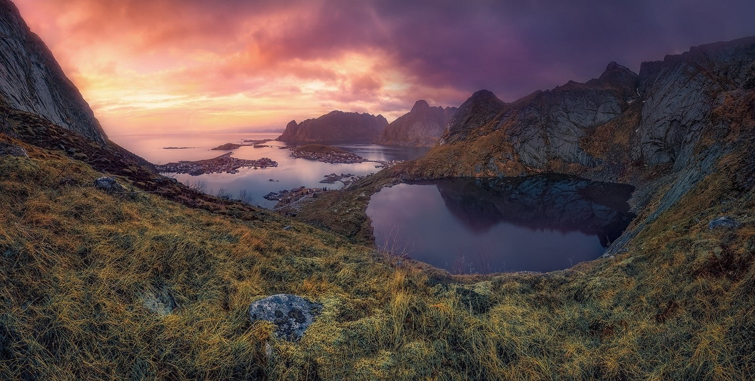 Lofoten Islands, grass, rock - object, scenics - nature, landscape, sky, clouds, sunrise, nature, town, mountain, land, no people, rock, 720P, beach, lake, HD Wallpaper