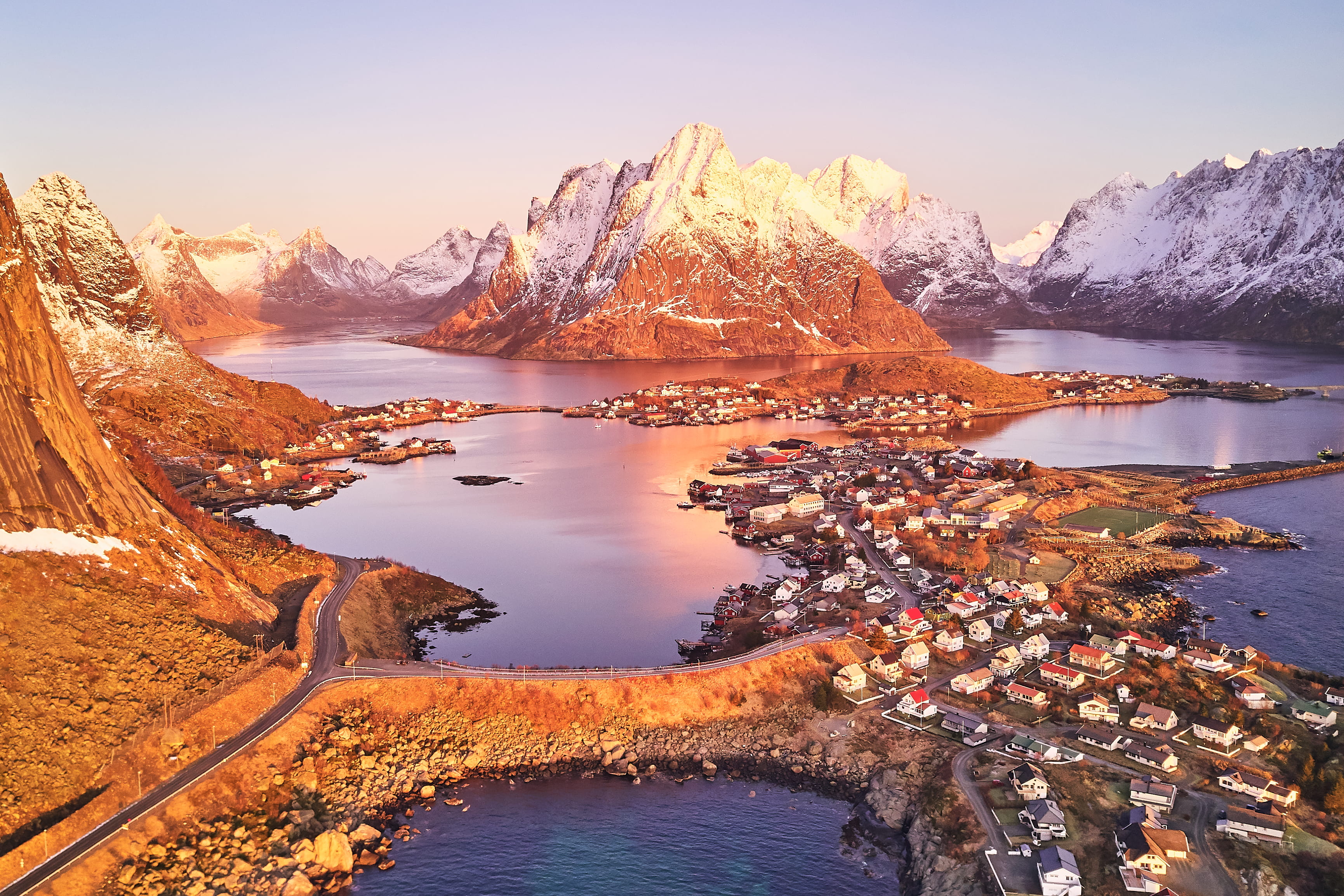 sky, tranquility, rocks, mountain, reflection, landscape, travel destinations, land, mountains, norway, lakes, photo, environment, snow, river, drone, fishing village, HD Wallpaper