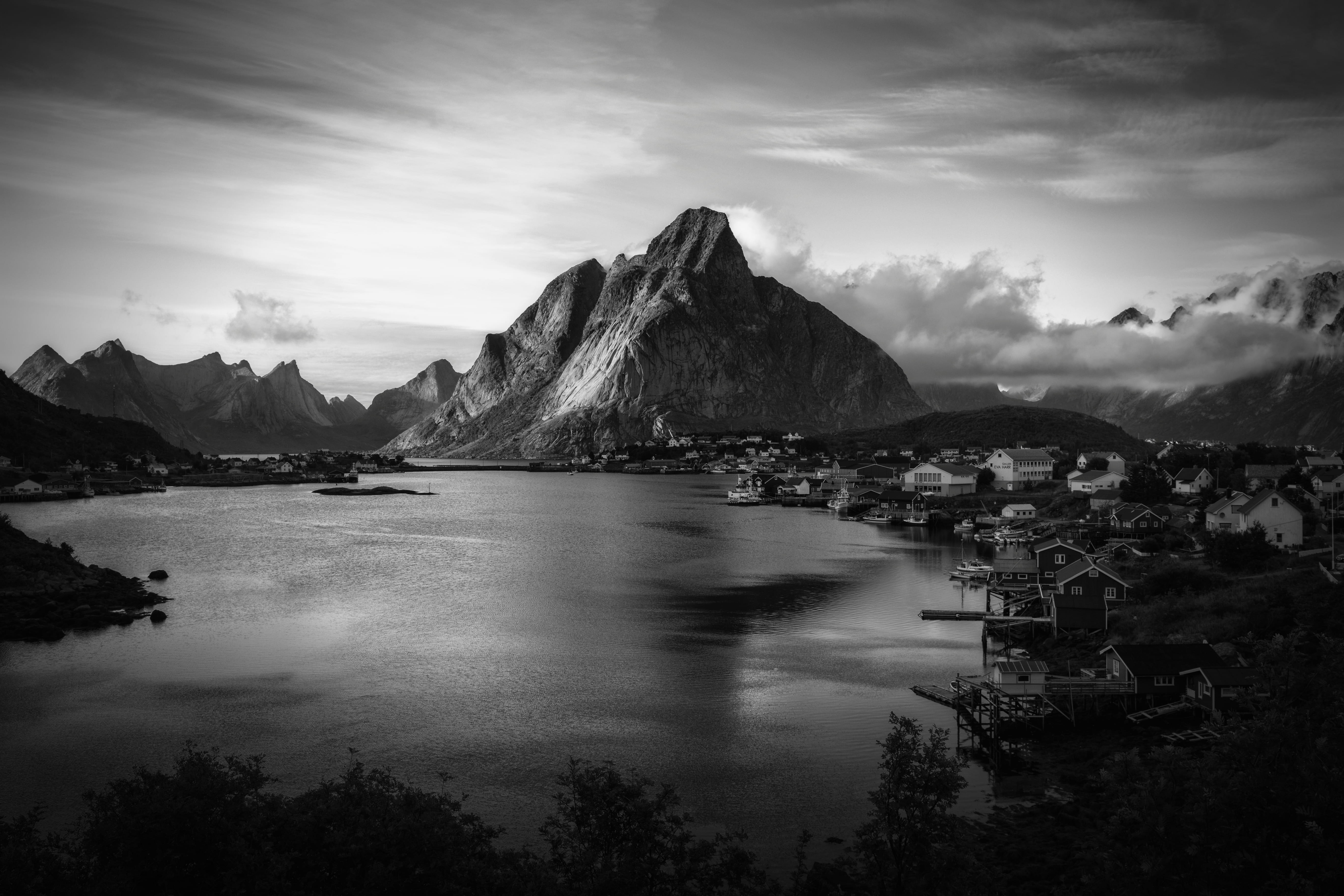 city, aerial, environment, architecture, landscape, black and white, monochrome landscape, tranquil scene, nature, reflection, cloud - sky, bay, building exterior, HD Wallpaper