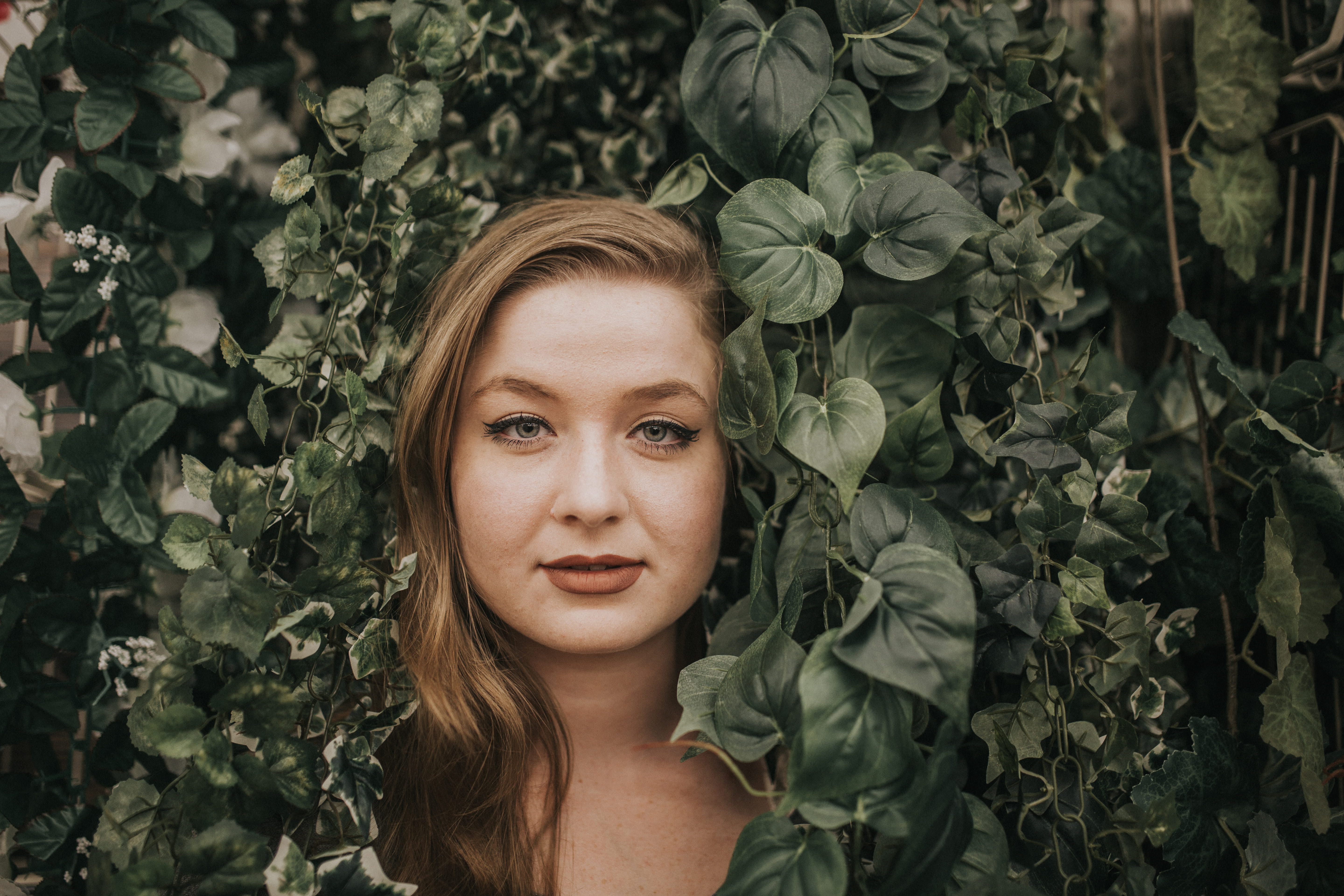 headshot, plant, human, growth, lifestyles, leaf, graphic design, leaves, vine, face, looking at camera, nature, flora, real people, leisure activity, art, HD Wallpaper