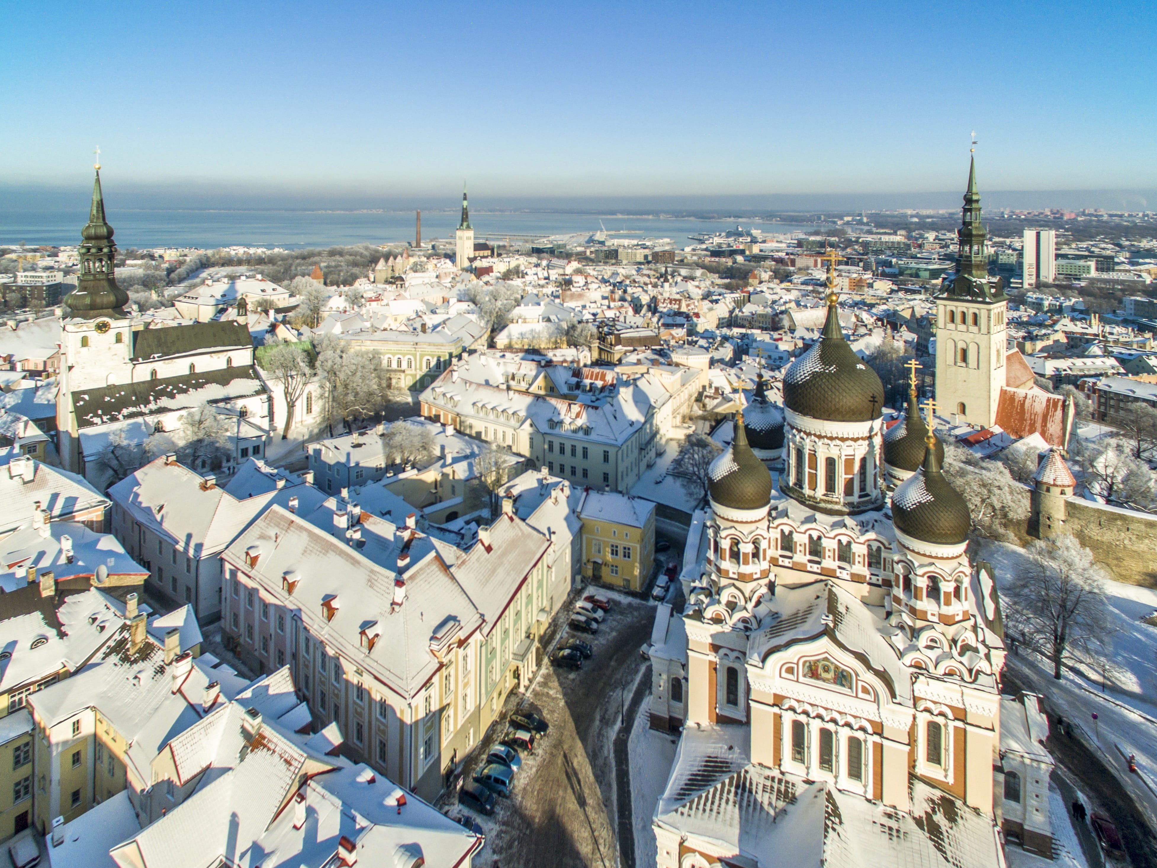 architecture, building, tower, townscape, winter, church, settlement, building exterior, baltic, crowded, day, city, built structure, estonia, europe, 4K, HD Wallpaper