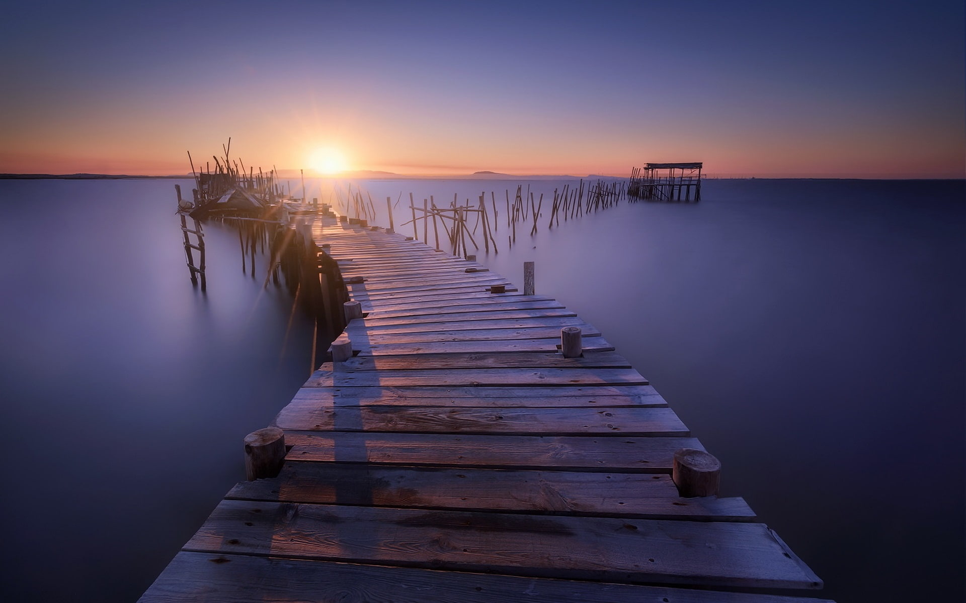 Sunset, Dusk, 1080P, Bridge, Sea, Pier, Wood, Stump, HD Wallpaper