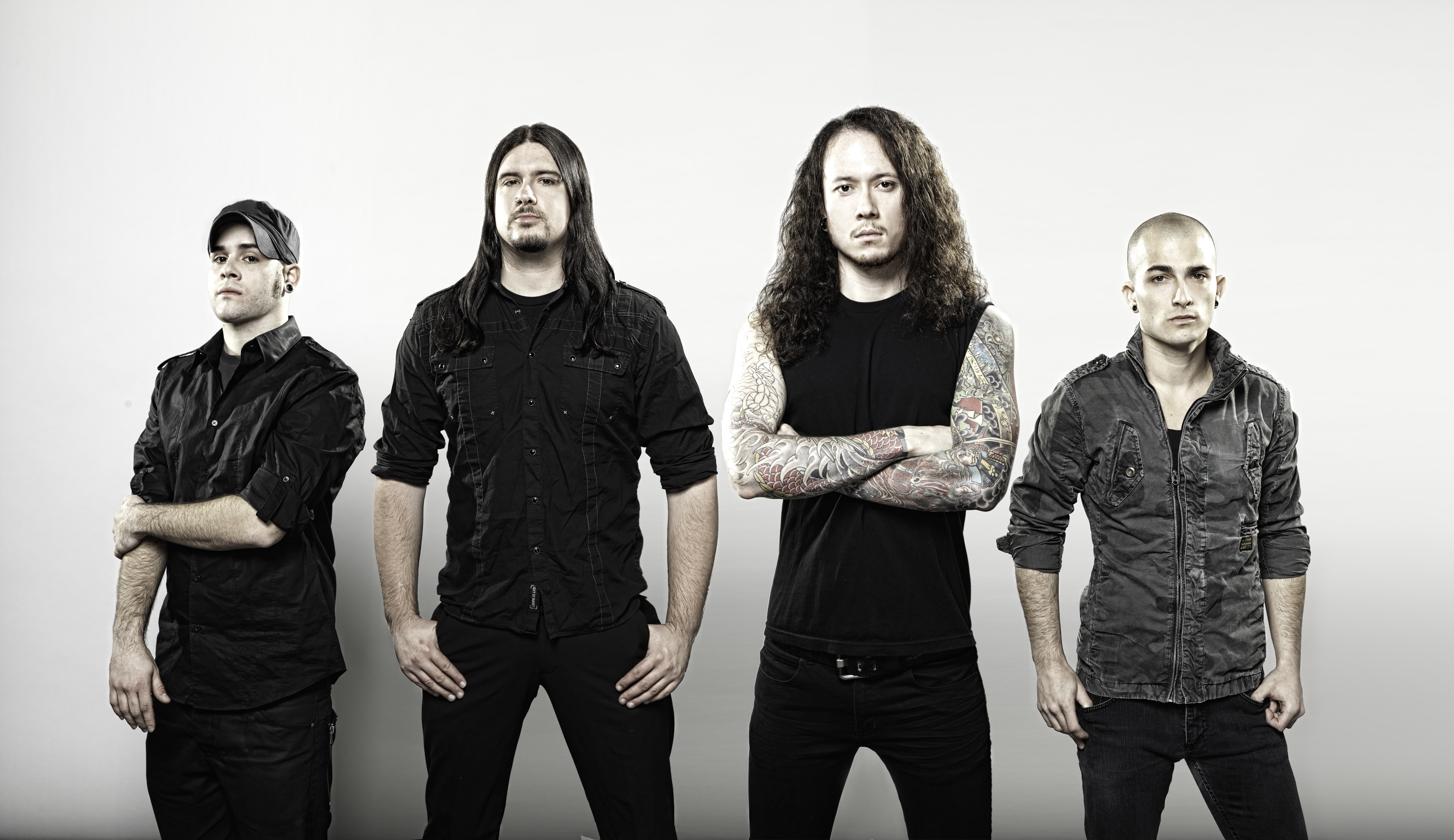 women, indoors, front view, thrash metal, teenager, tattoo, band, men, four, hands in pockets, studio shot, 5K, white background, togetherness, Metalcore, HD Wallpaper