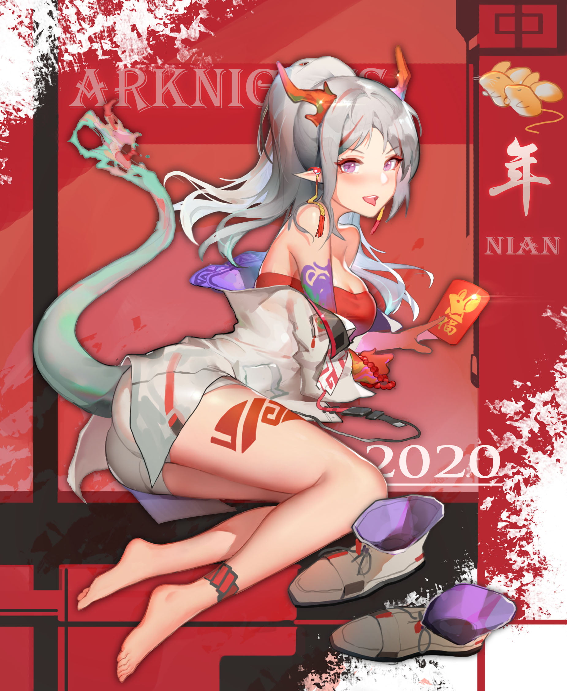 anime girls, portrait display, Arknights, horns, Kuhnowushi, anime, Nian(Arknights), 1080P, dragon girl, Phone HD Wallpaper