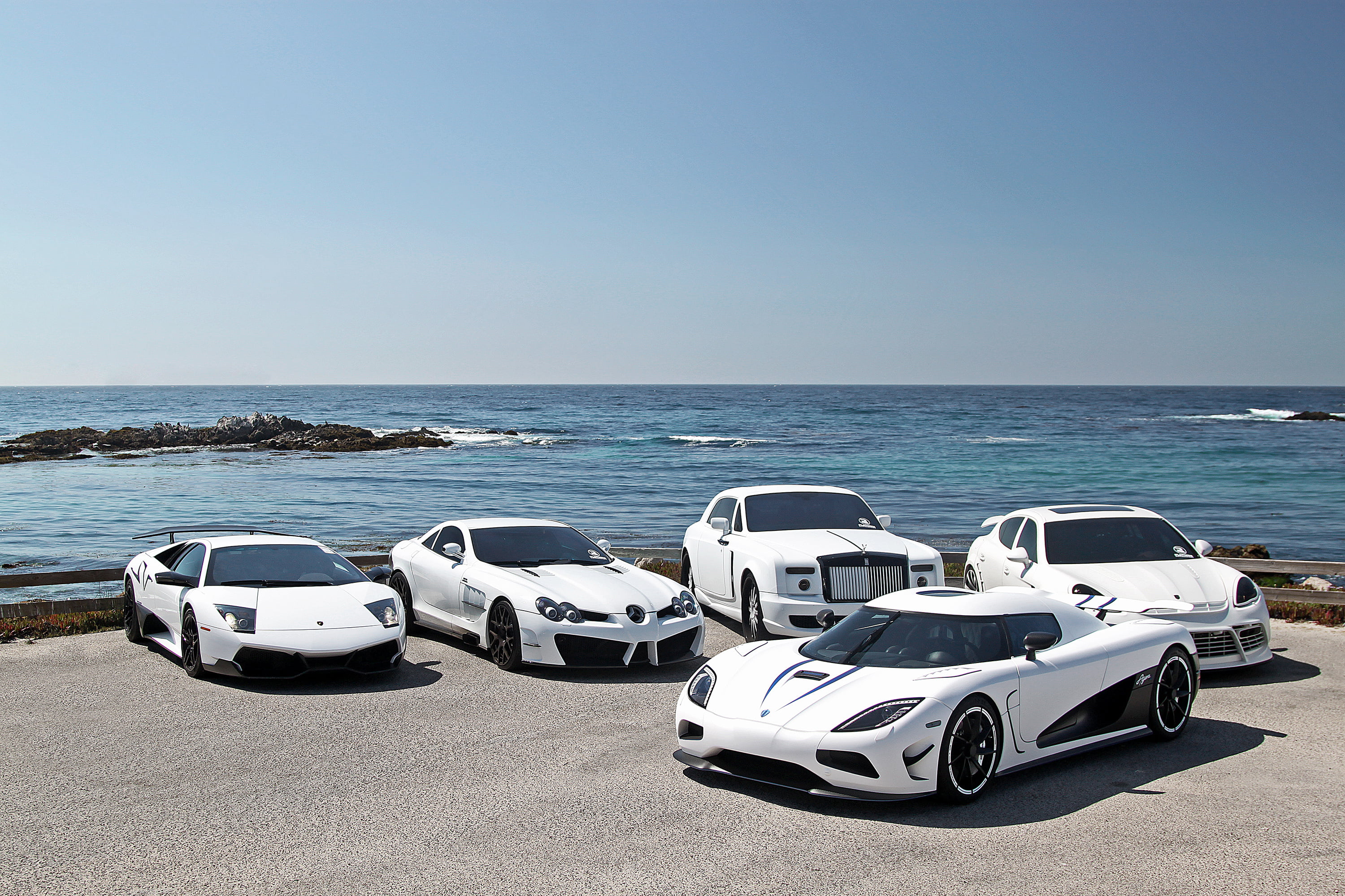 copy space, panamera, Lamborghini, 2K, transportation, beauty in nature, horizon, clear sky, coastline, phantom, water, land Vehicle, travel, cars, parking Lot, HD Wallpaper