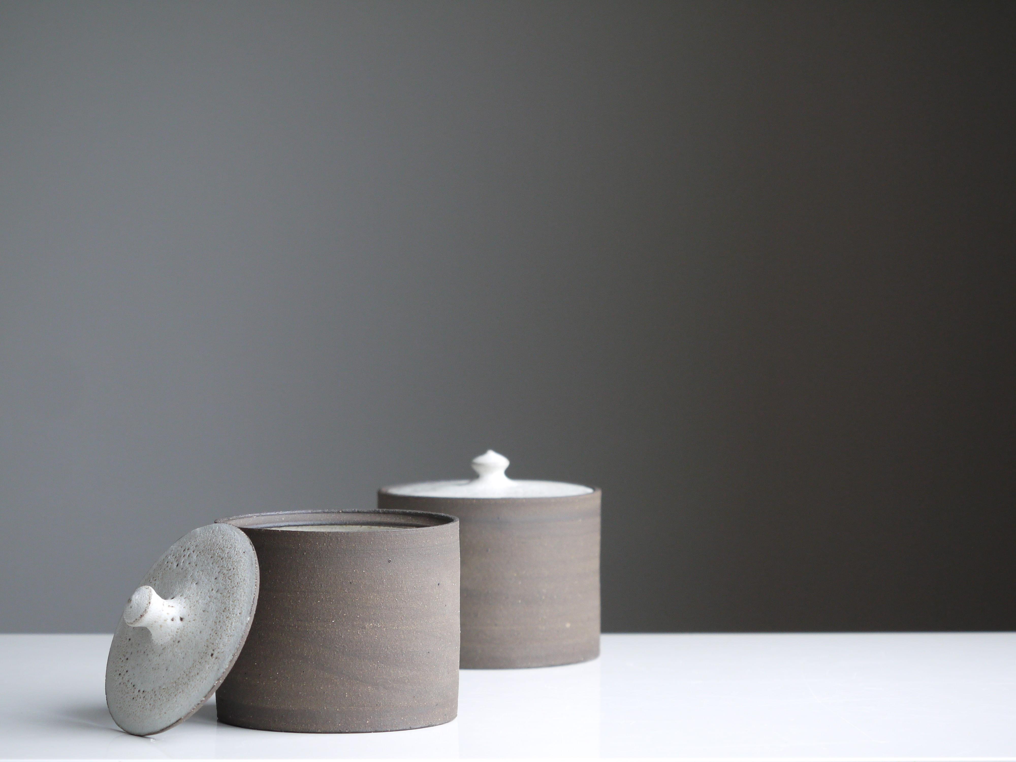 canister, artist, black, pot, pots, two, 4K, hygiene, cut out, white, clay, minimal, zen-like, close-up, gray, maker, canisters, rolled up, wood, copy space, HD Wallpaper
