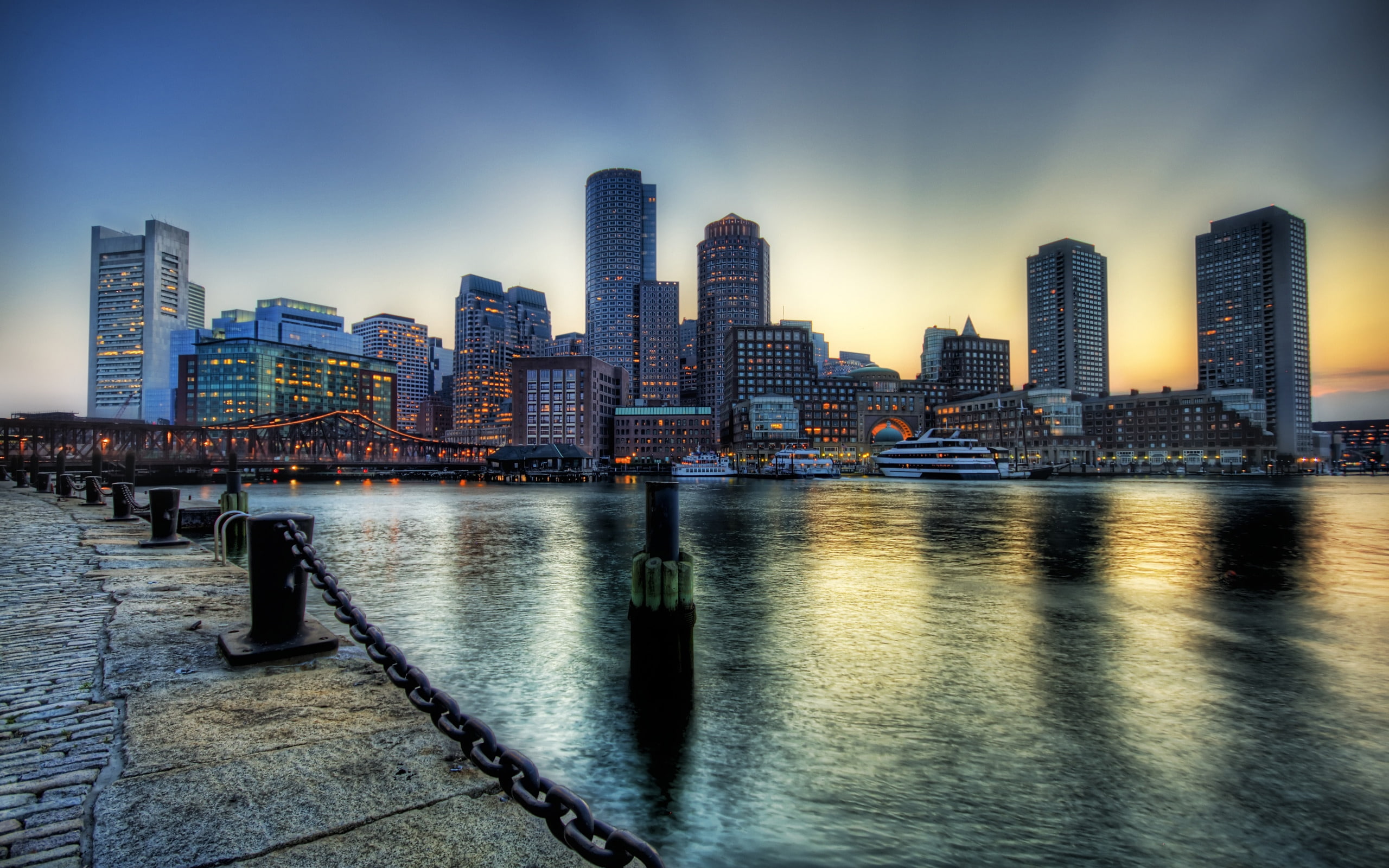 lights, buildings, 2K, dusk, lake, city, boston, HD Wallpaper