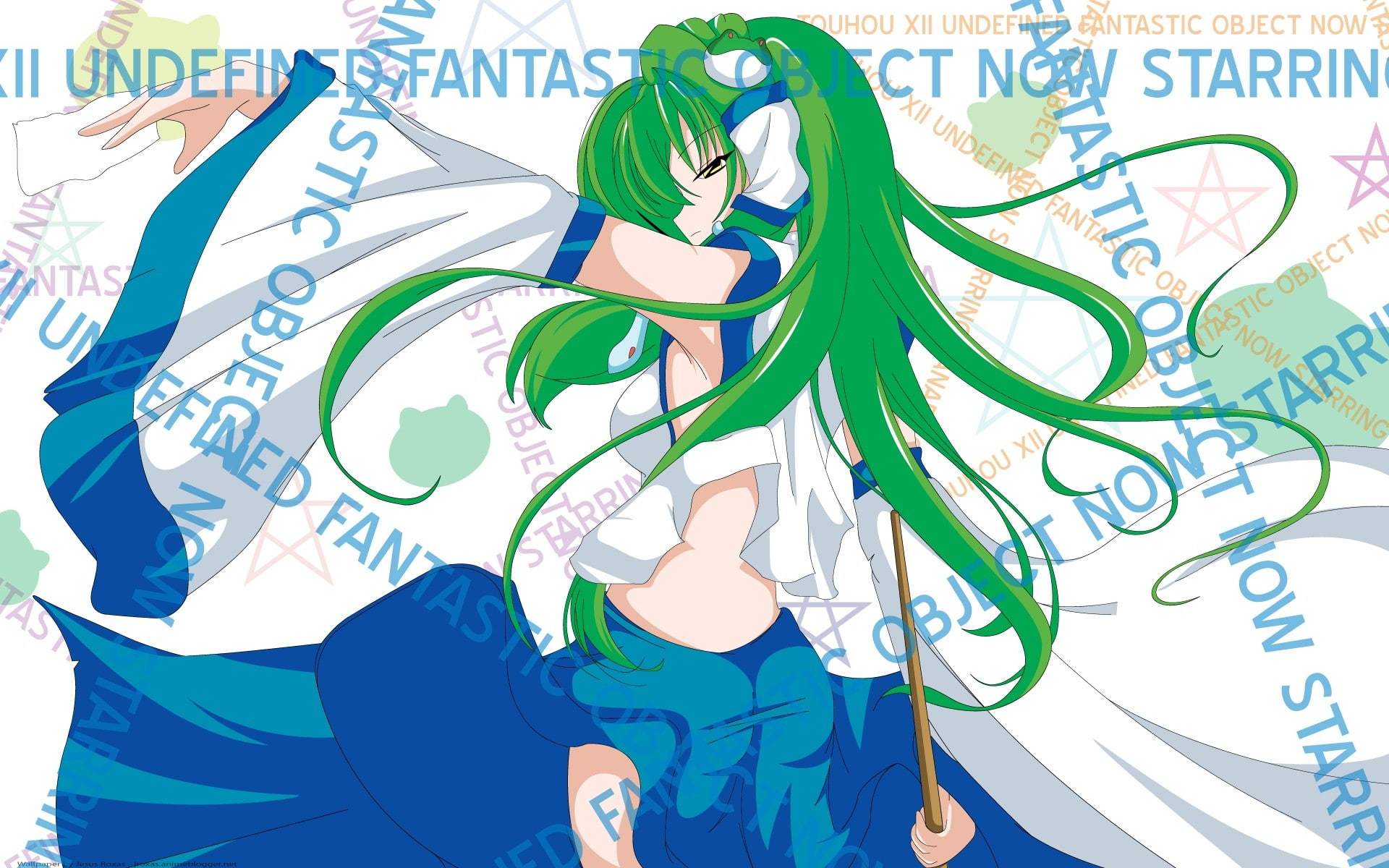 games, yellow, staff, eyes, hair, miko, japanes, text, sanae, hd, people, typography, art, long, 1080P, video, green, Touhou, Video Games, kochiya, HD Wallpaper