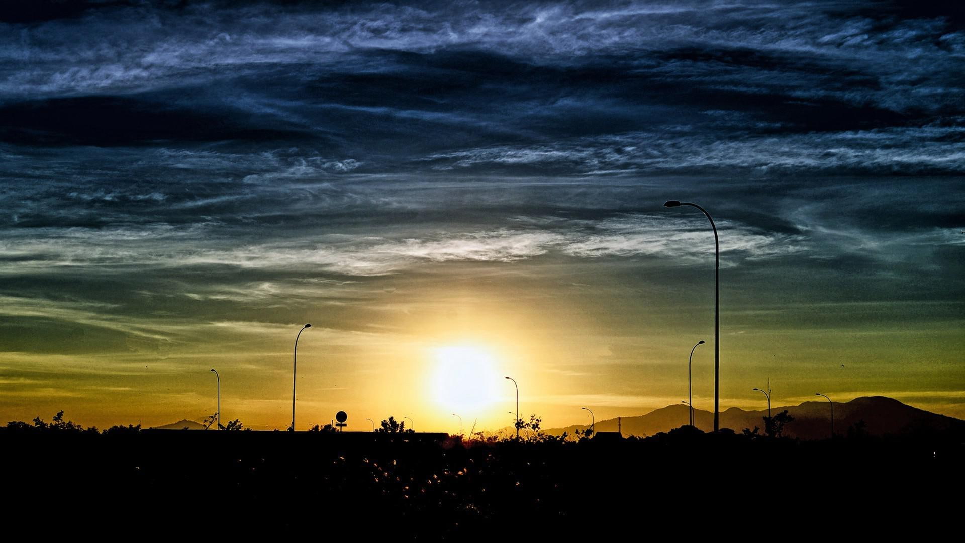 1080P, airport, asia, 1920x1080, sunset, mountain, world, trees, lombok, silhouette, indonesia, colorful, HD Wallpaper