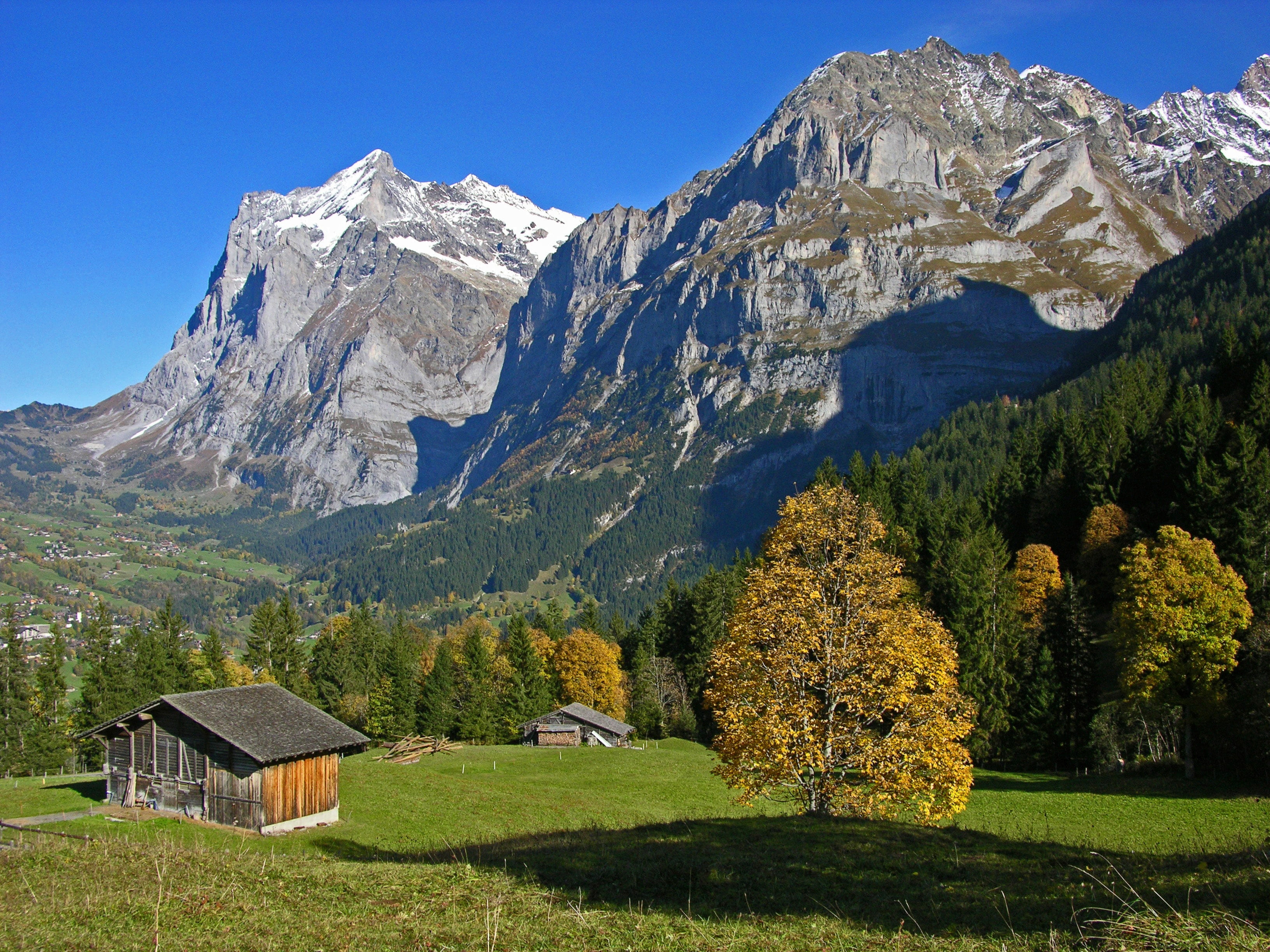 tranquil scene, travel, tree, architecture, landscape, blue sky, snowcapped mountain, autumn, hike, outdoors, field, beauty in nature, plant, scenic, summit, HD Wallpaper