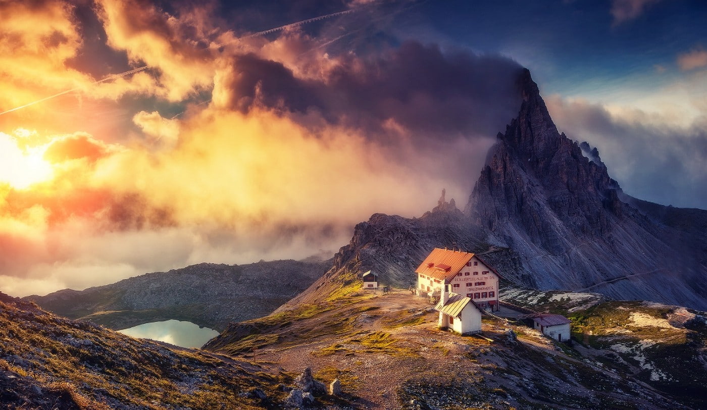 landscape, lake, Alps, clouds, photography, nature, cabin, sunset, sky, summer, mountains, 720P, HD Wallpaper