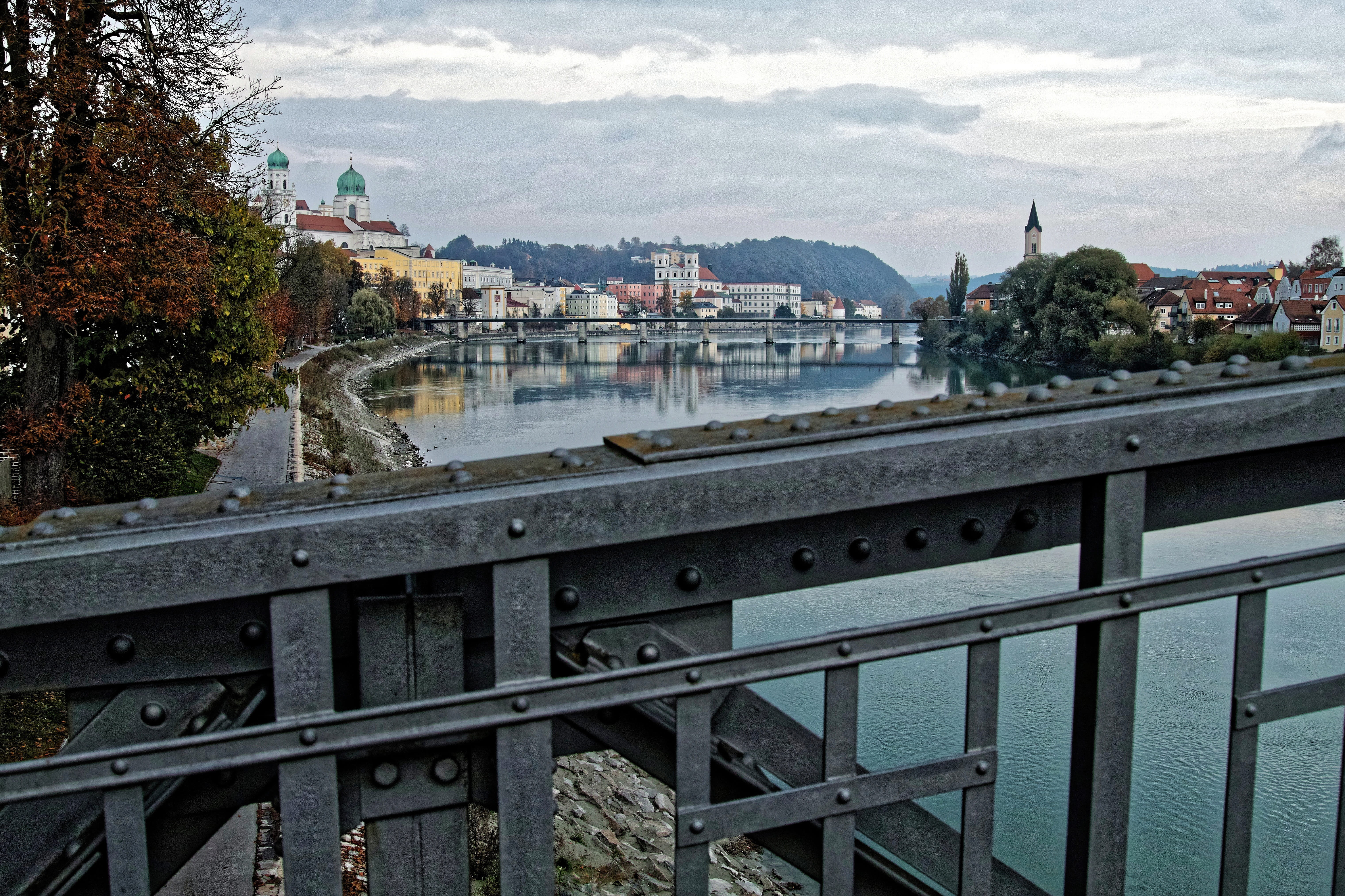 bridge, river, dom, bavaria, building exterior, water, outdoors, city, inn, architecture, connection, tree, plant, innstadt, cloud - sky, sky, nature, cityscape, HD Wallpaper
