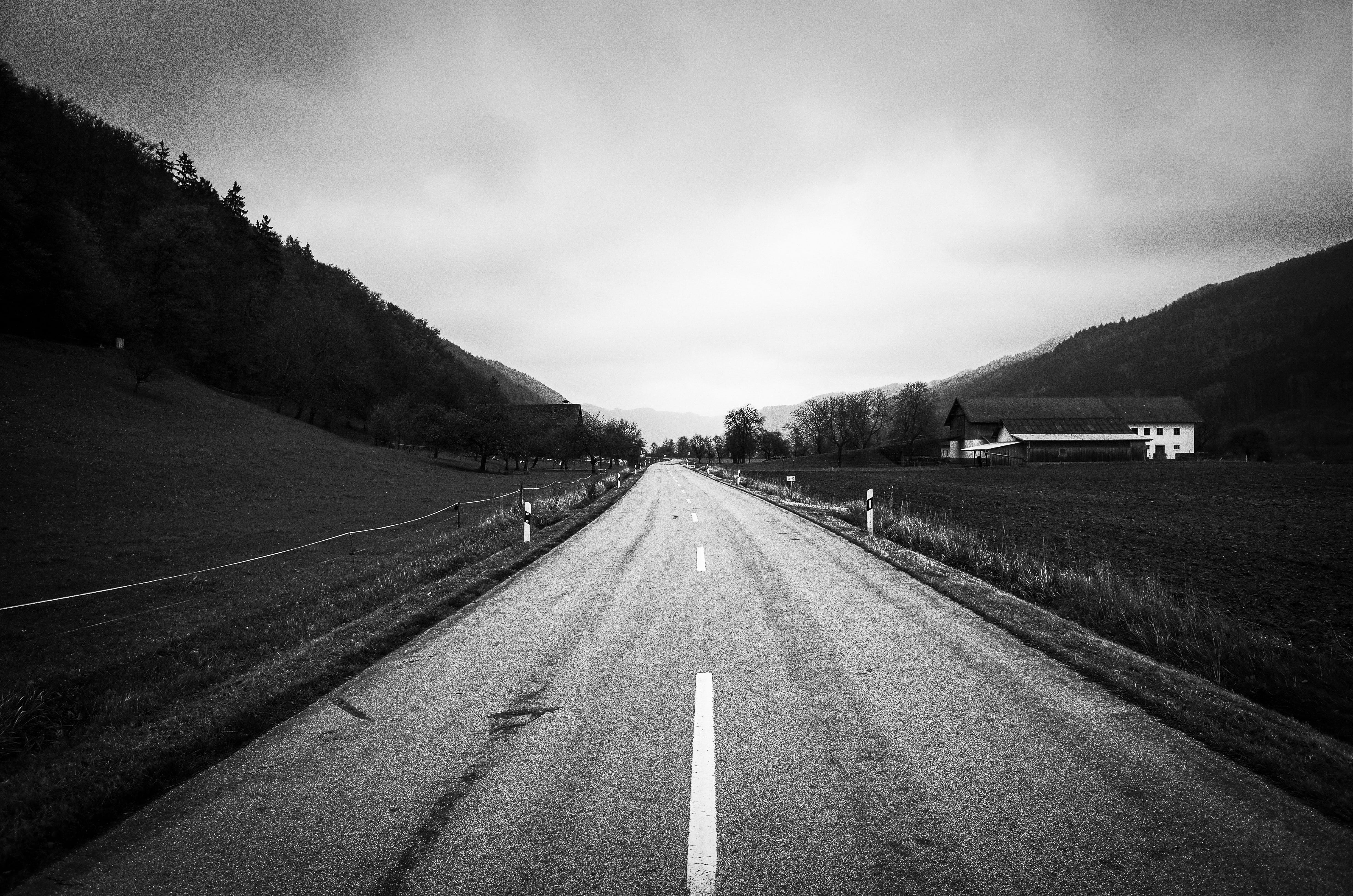 roadslikethese, cloud - sky, dividing line, roads, asphalt, 4K, the way forward, mountain, blackandwhite, mode of transportation, germany, highway, road, HD Wallpaper