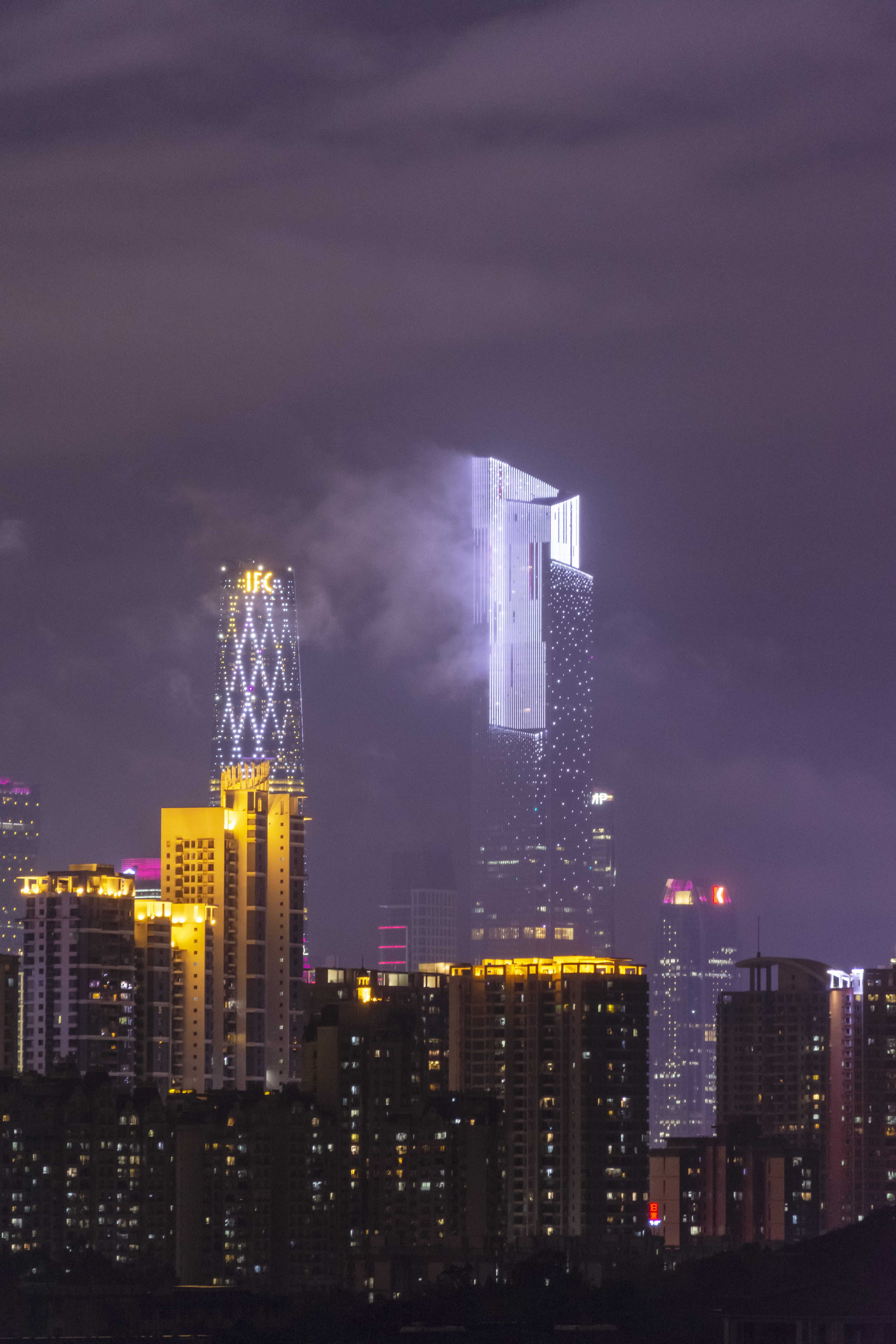 tall - high, landscape, office, spire, no people, steeple, skyscraper, office building exterior, architecture, modern, weather, night, rainy, urban skyline, Phone HD Wallpaper