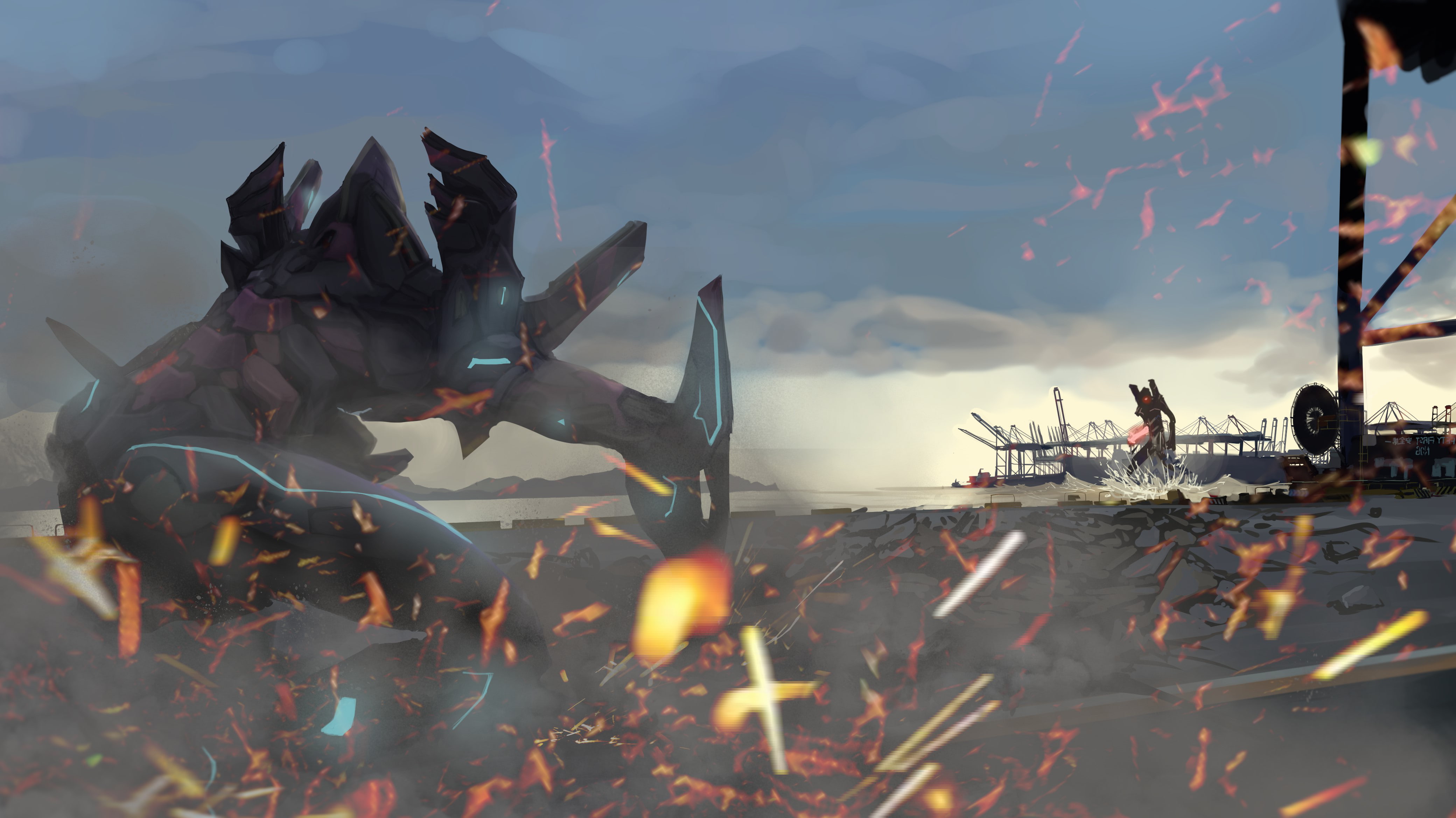 mech, 4K, flame, field, fire, growth, plant, environment, fighting, sunset, leaf, burning, real people, artwork, plant part, day, anime, robot, beauty in nature, HD Wallpaper