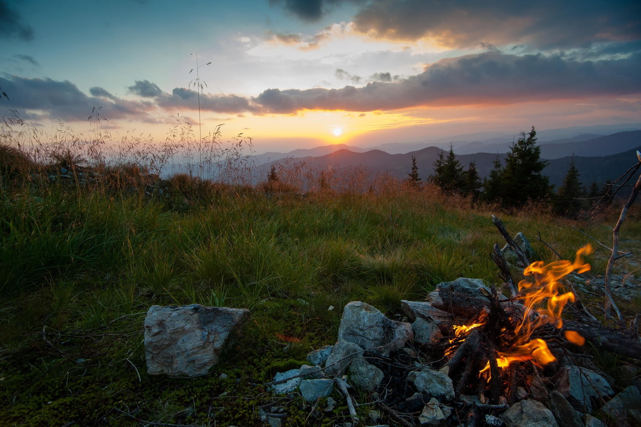 nature, two, flame, bonfire, non-urban scene, clouds, trees, tranquility, beauty in nature, fishes, fire, campfire, environment, burning, growth, cloud - sky, HD Wallpaper