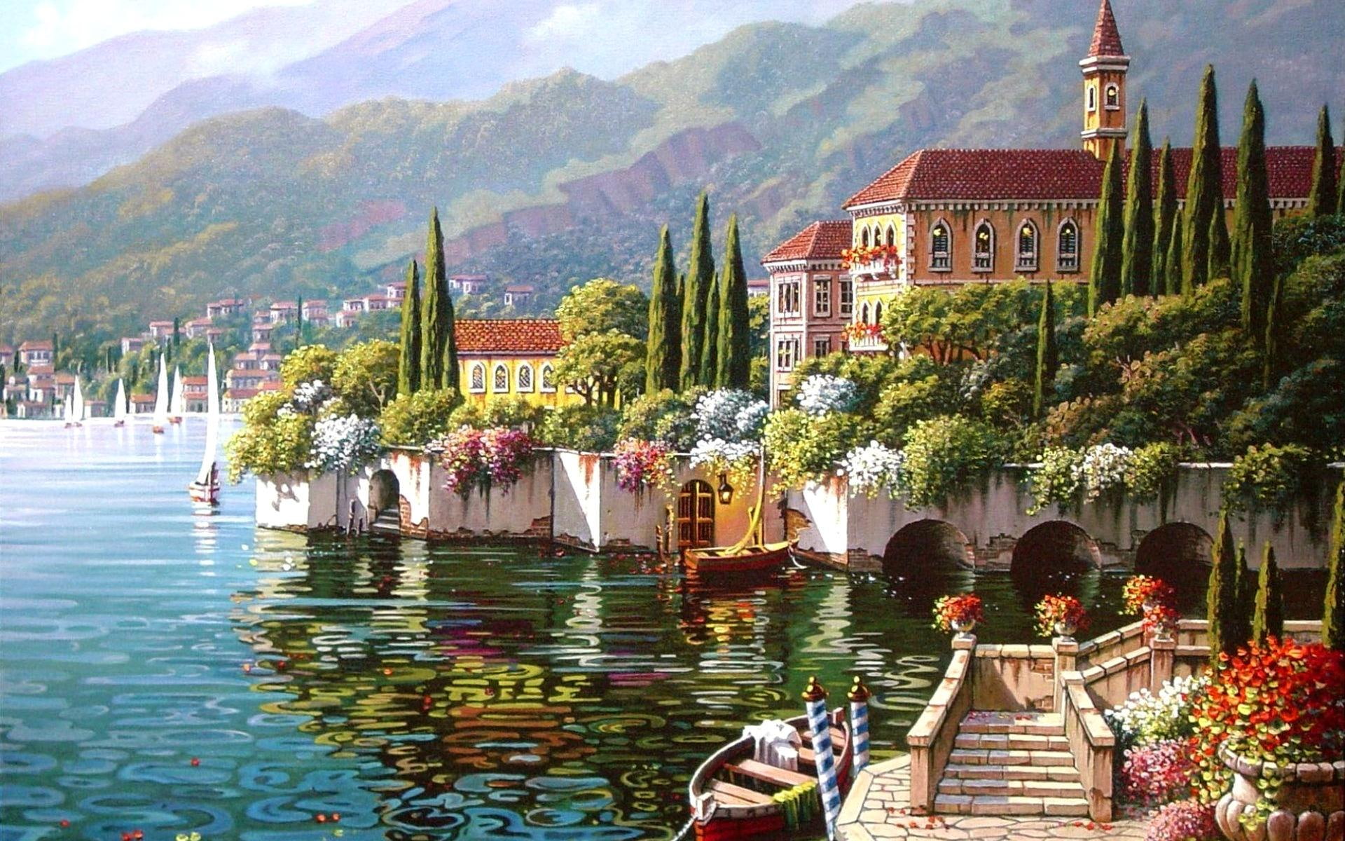 lakeside, nature and landscapes, city, side, water, lake, 1080P, HD Wallpaper