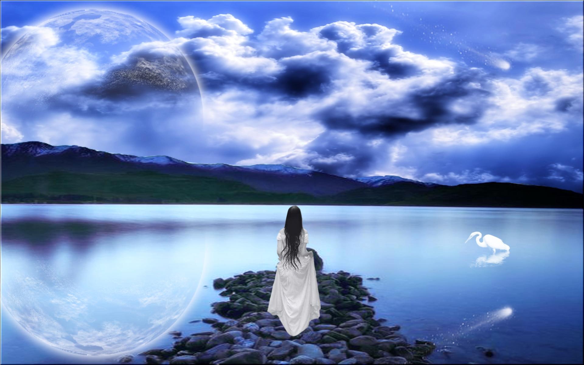 dreams, clouds, 1080P, lake, fantasy, blue, lakeside, 3d and abstract, HD Wallpaper