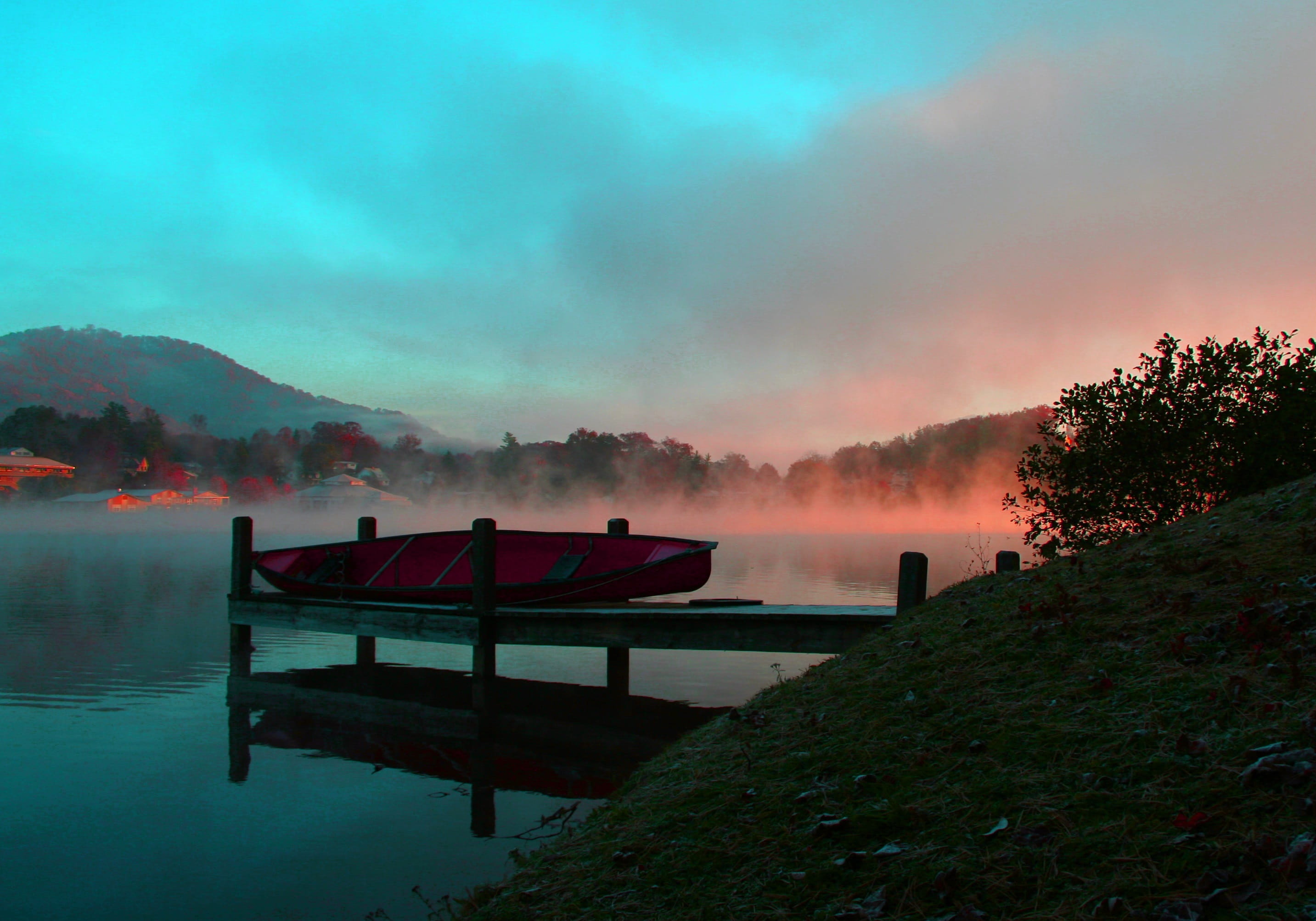 sunset, mist, fog, nature, scenics - nature, fishing, reflection, tree, vacation, canoe, tranquility, water, no people, outdoors, mountain, transportation, HD Wallpaper