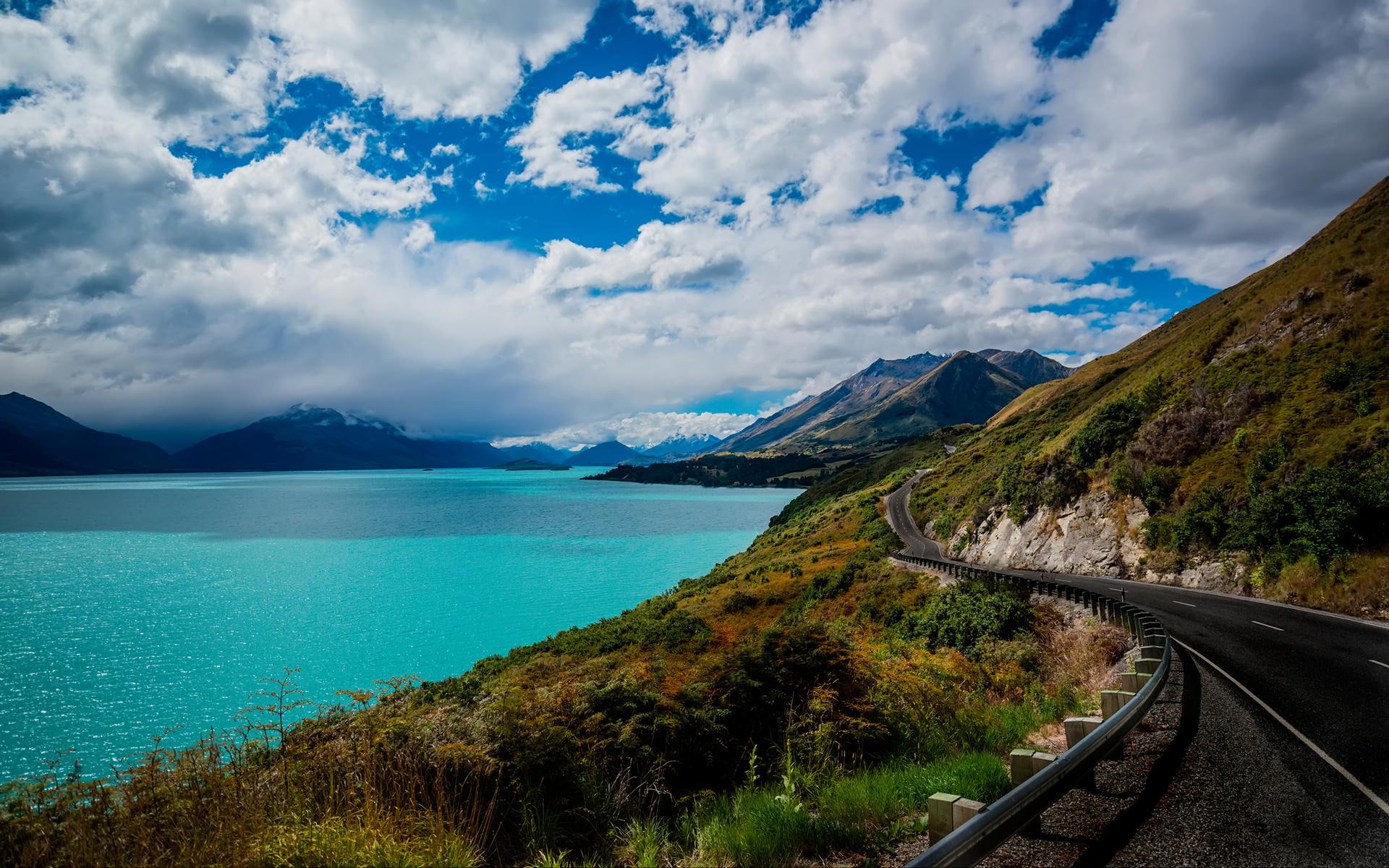 lake, 1080P, nature and landscapes, mountains, highway, fantastic, lakeside, clouds, HD Wallpaper