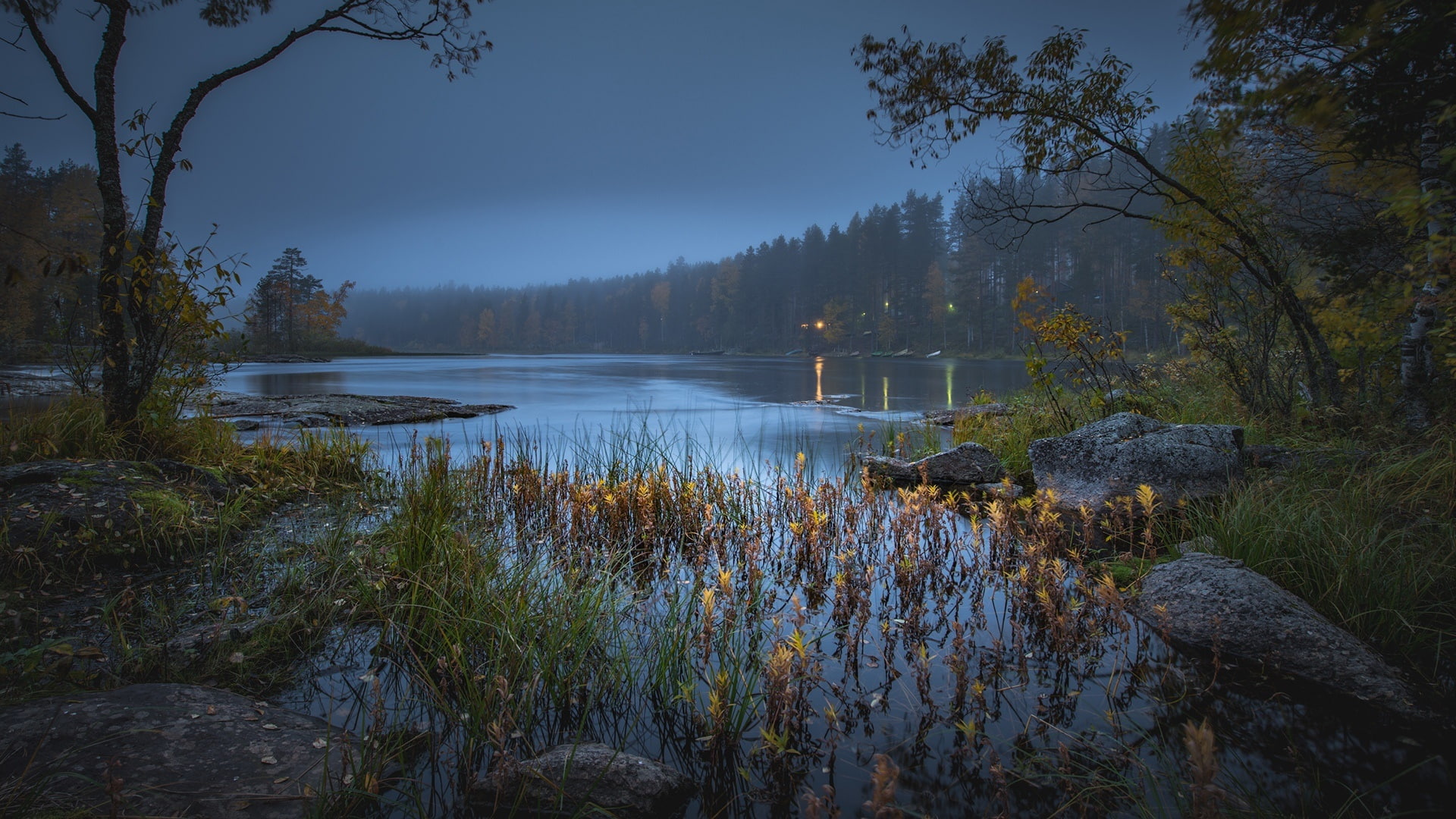 evening, twilight, lake, dusk, autumn scenery, 1080P, autumn, HD Wallpaper