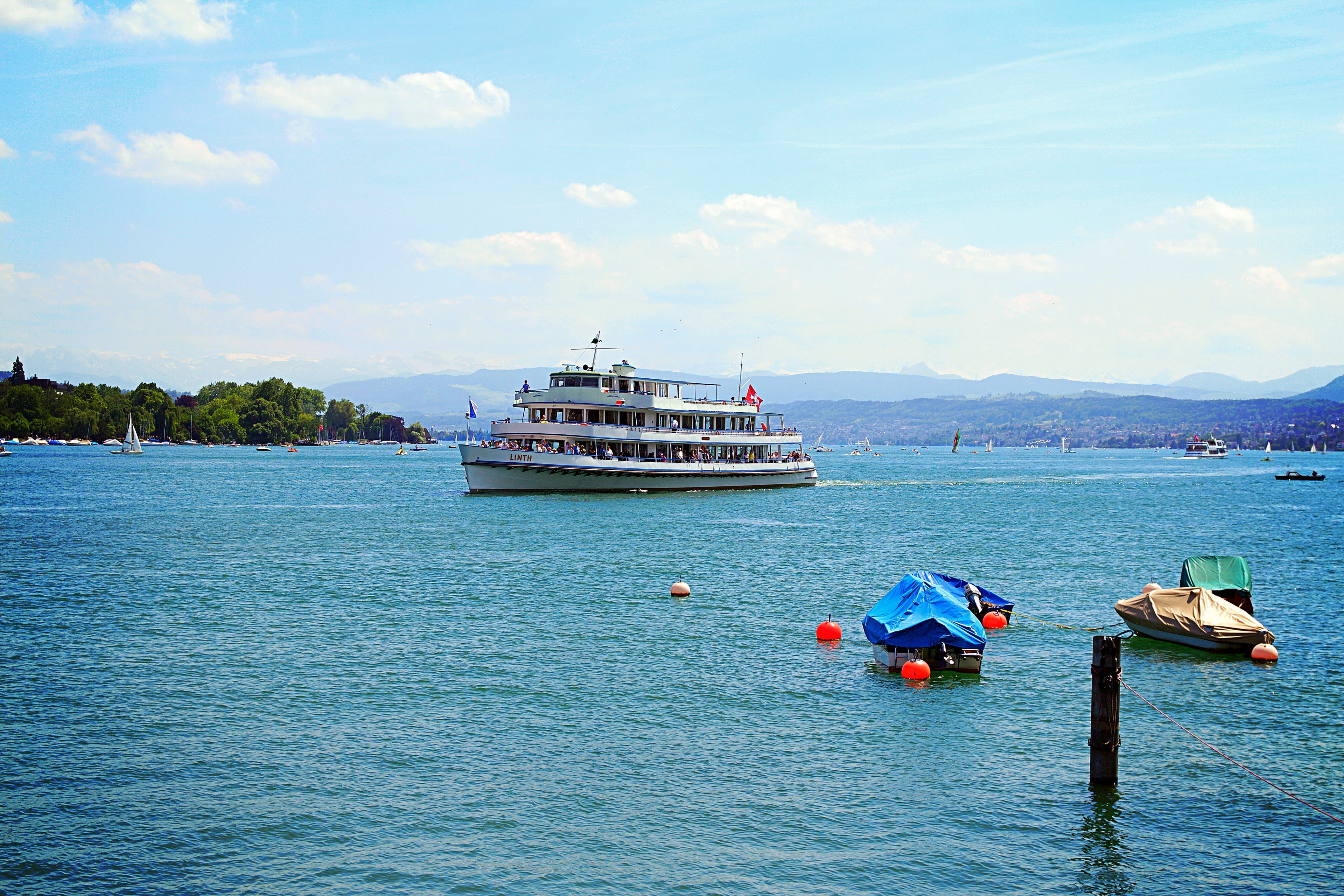 switzerland, passenger craft, lake boats, scenics - nature, mode of transportation, sun, natural water, outdoors, day, water, sky, incidental people, travel destinations, HD Wallpaper