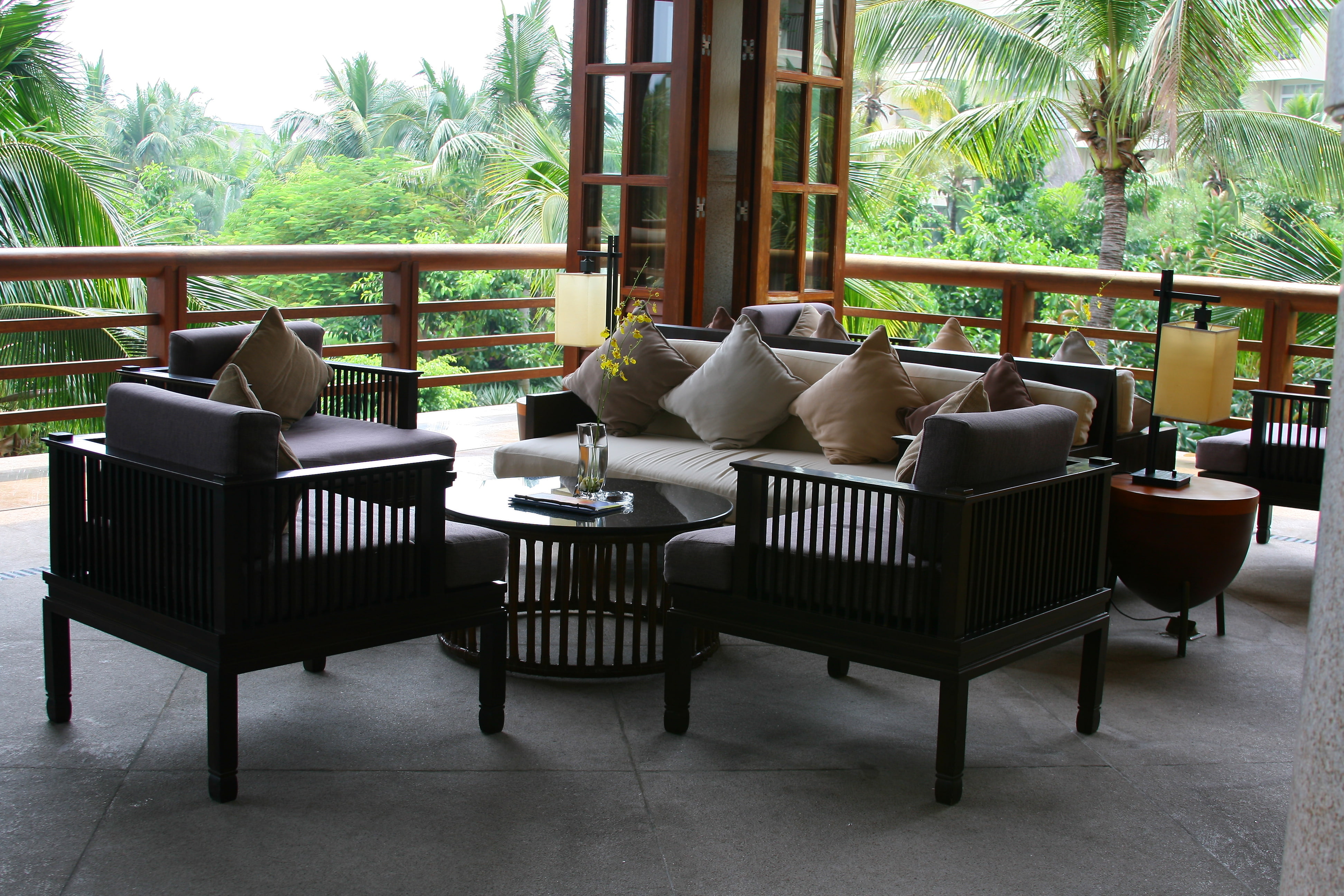 architecture, seat, tree, the hotel, no people, day, window, nature, black, chair, wooden, potted plant, veranda, Hainan island, building, built structure, HD Wallpaper