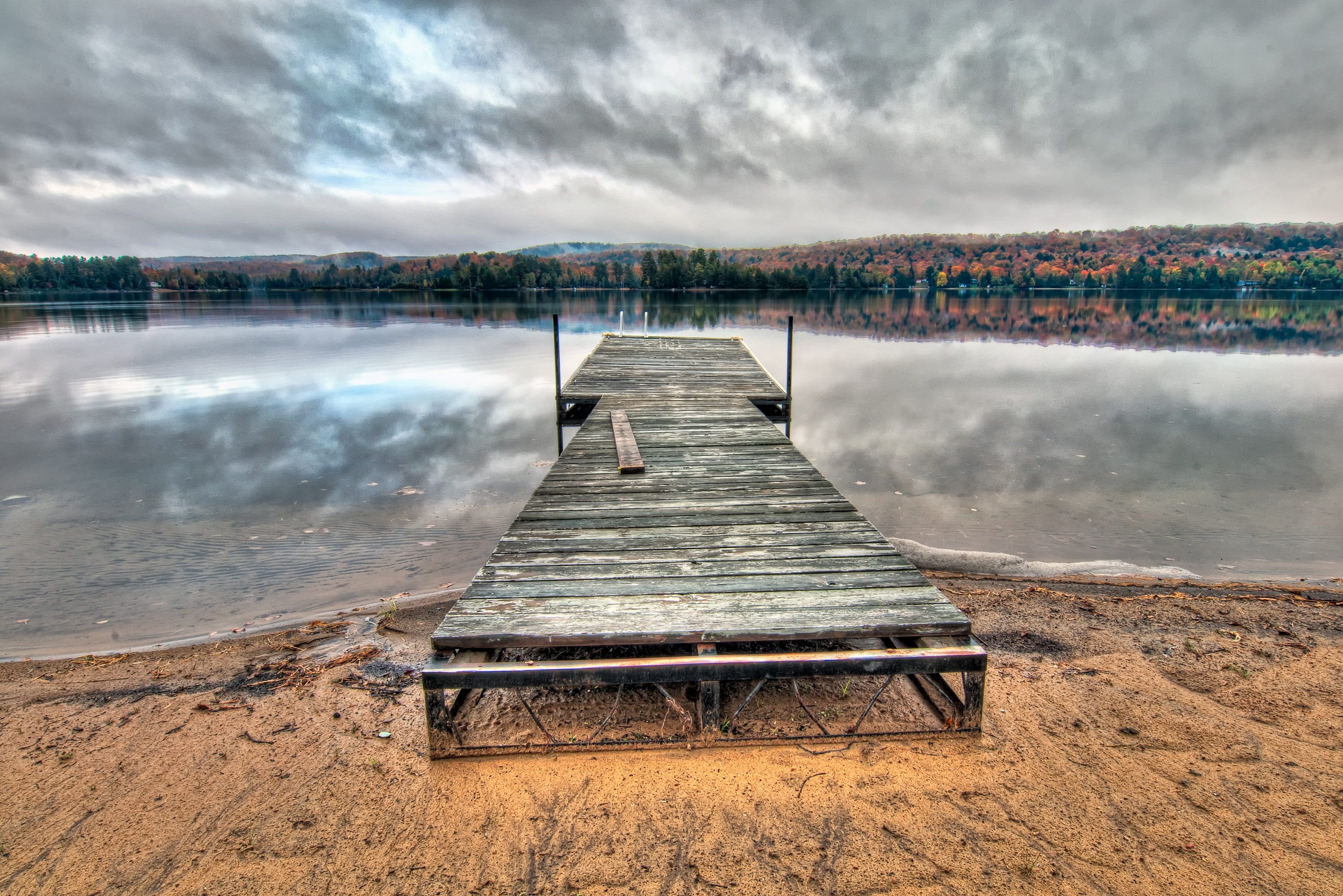 tranquil scene, canada, outdoors, reflection, dramatic, wood - material, scenics - nature, beauty in nature, beach, peace, no people, muskoka, 2K, oxtongue lake, HD Wallpaper