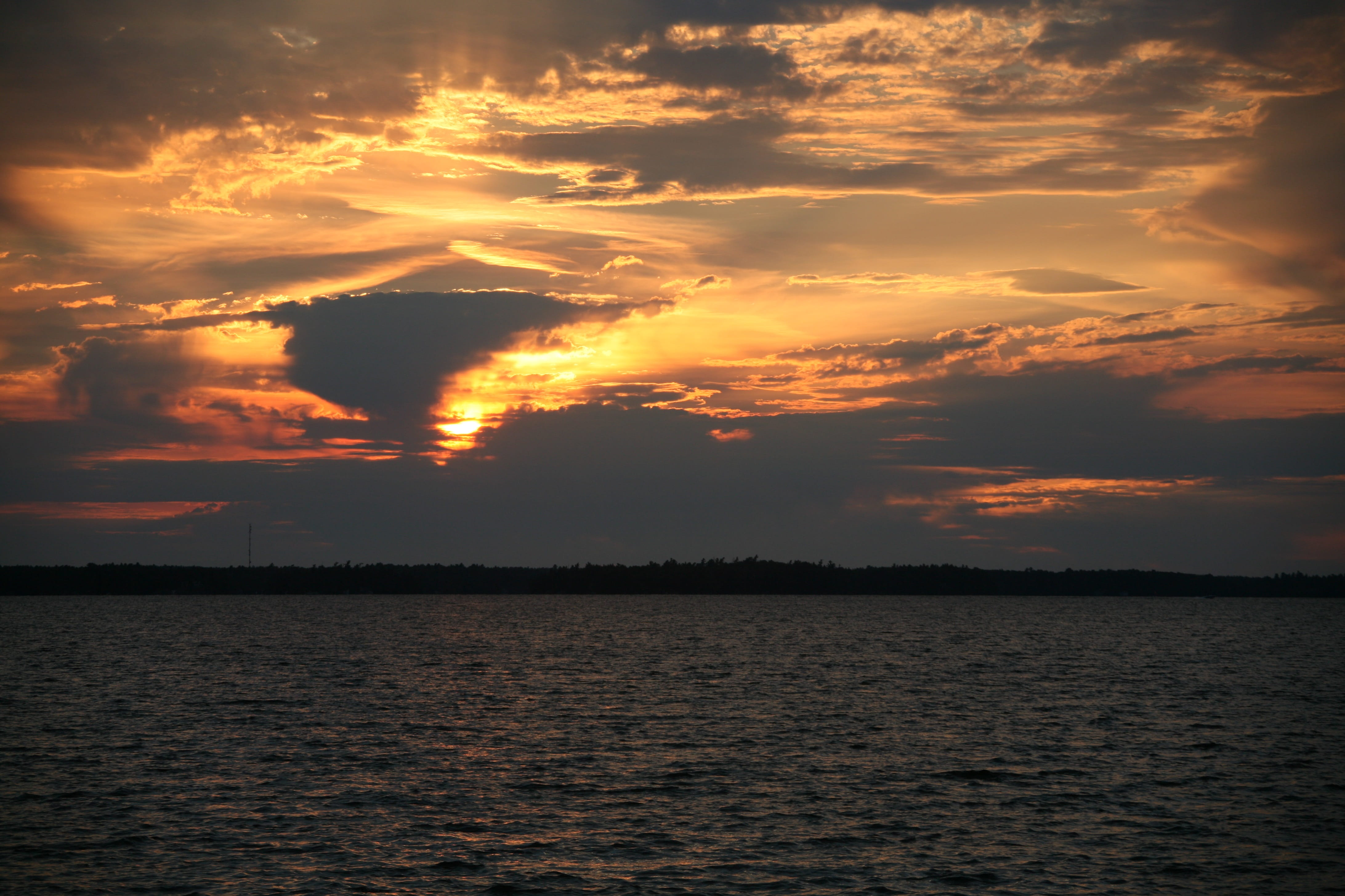 tranquility, orange color, cloud - sky, 4K, sunset, beauty in nature, non-urban scene, summer, tranquil scene, waterfront, remote, water, silhouette, sea, HD Wallpaper