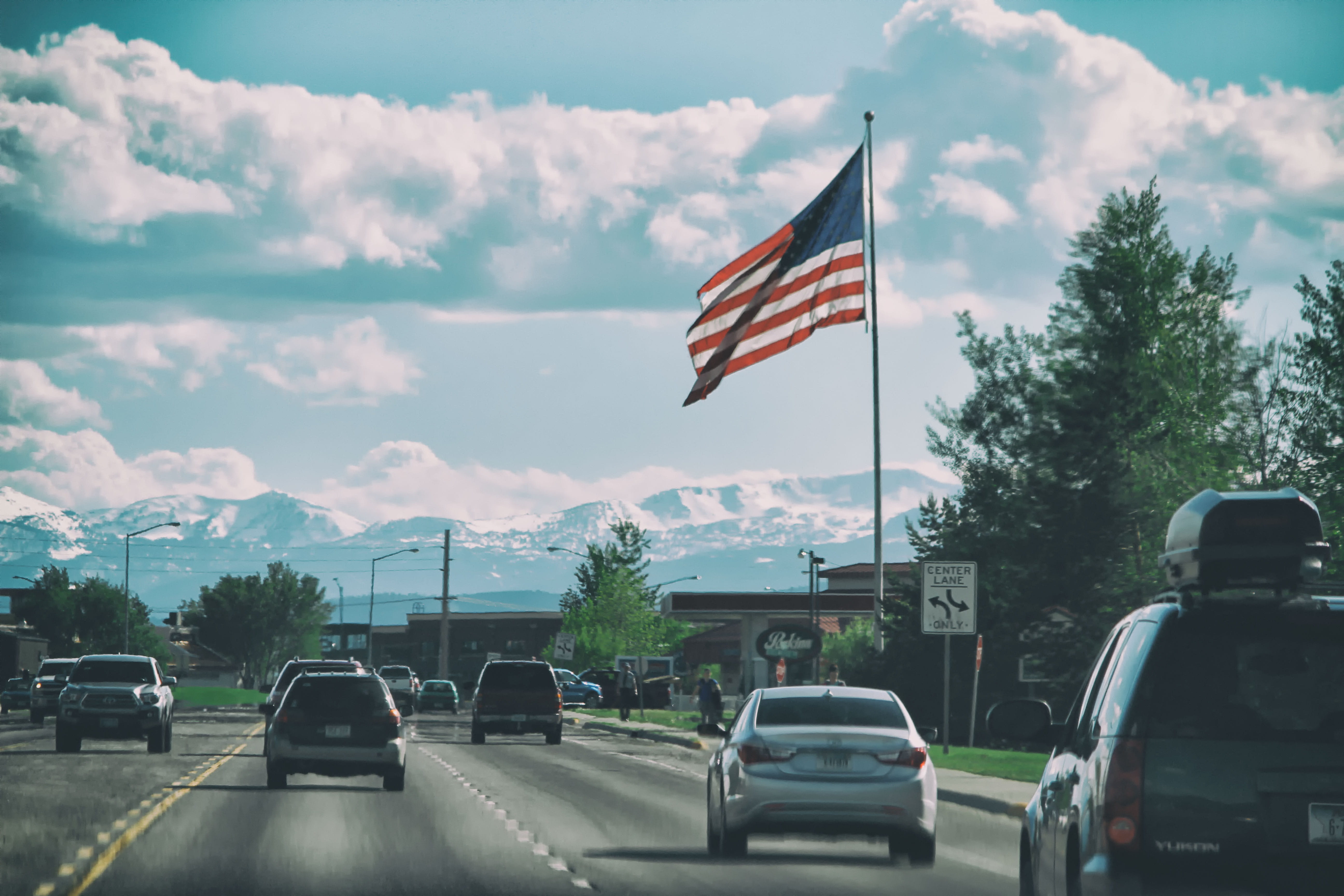 no people, plant, patriotism, city, bozeman, transportation, architecture, road, 5K, land vehicle, cloud - sky, street, motor vehicle, mode of transportation, HD Wallpaper
